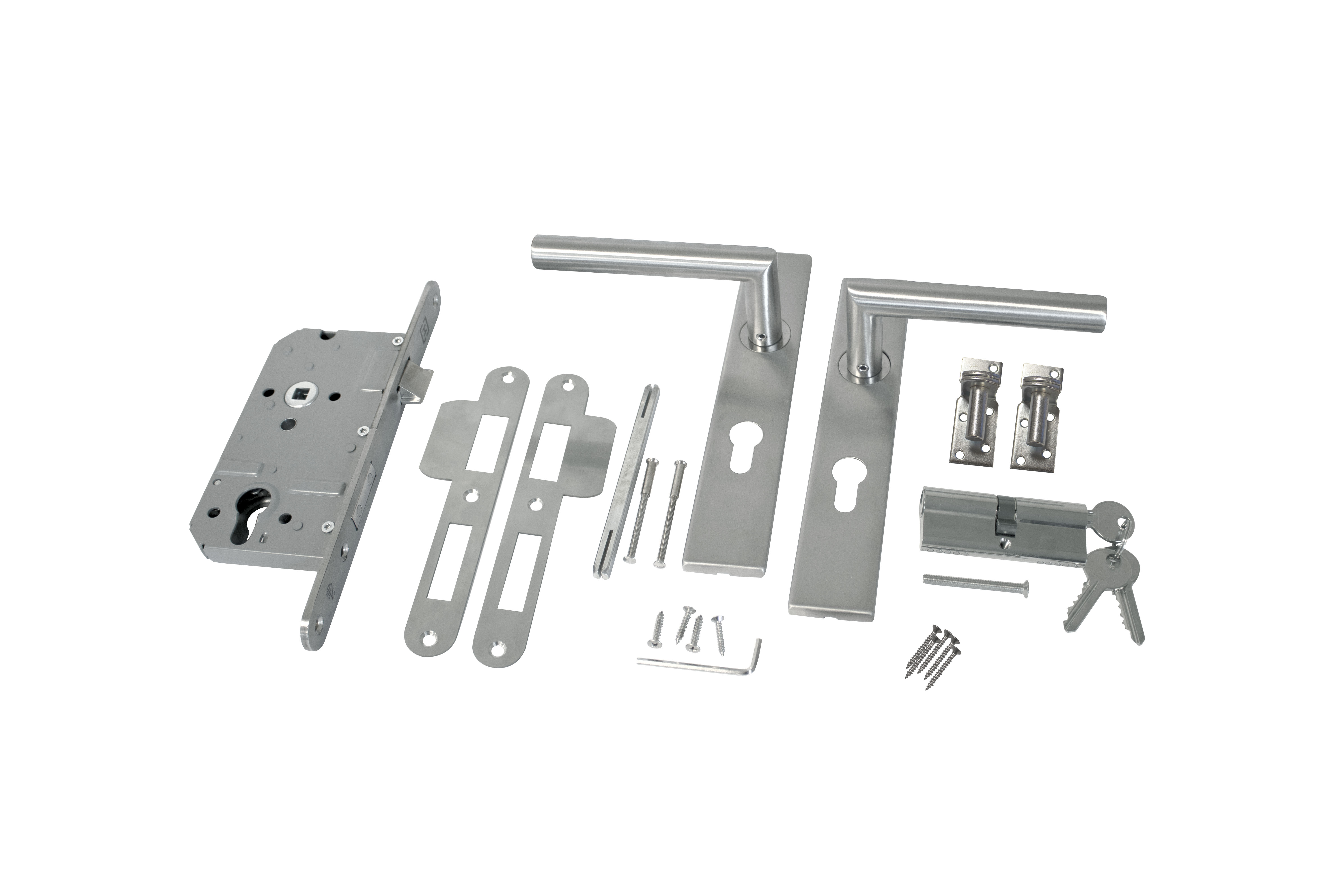 RVS luxe deurbeslagset. SKG keurmerk met slotkast, cilinder, slot en duimen.