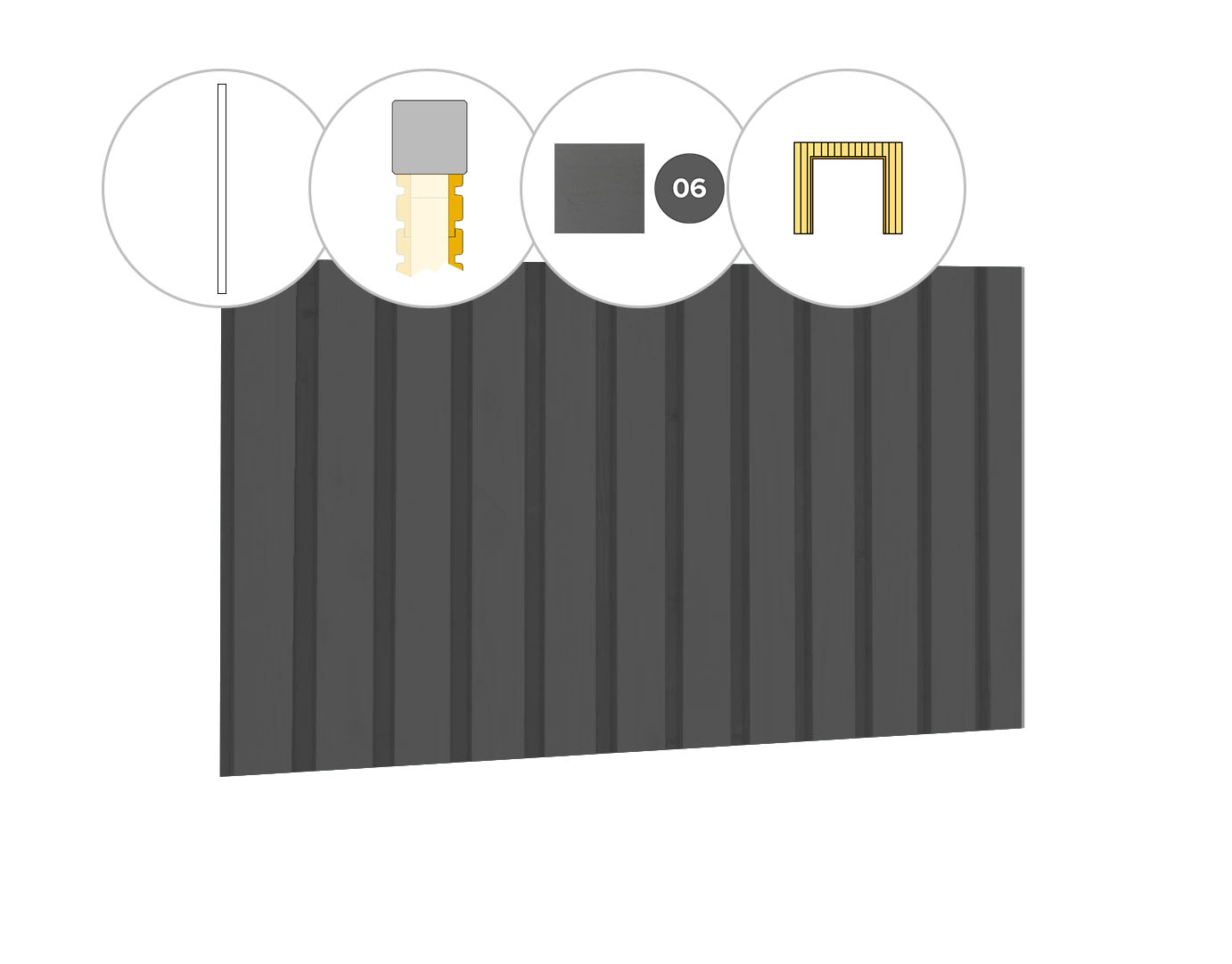 Rhombusprofiel plankenset vuren bij voorwand B, t.b.v. dubbele deur, 228,5 x 285 cm, antraciet gespoten.