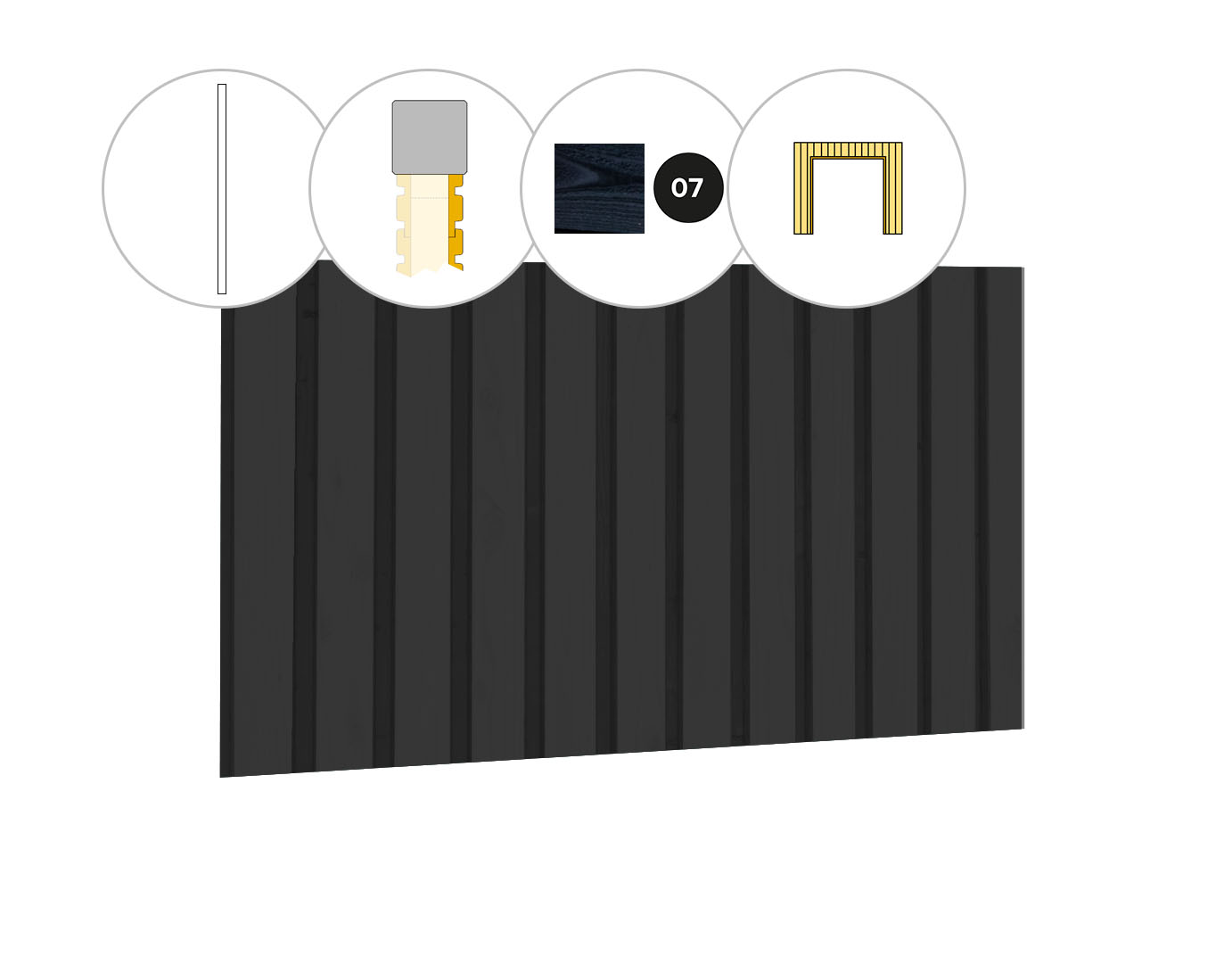 Rhombusprofiel plankenset vuren bij voorwand C, t.b.v. dubbele deur, 278,5 x 285 cm, zwart gespoten.