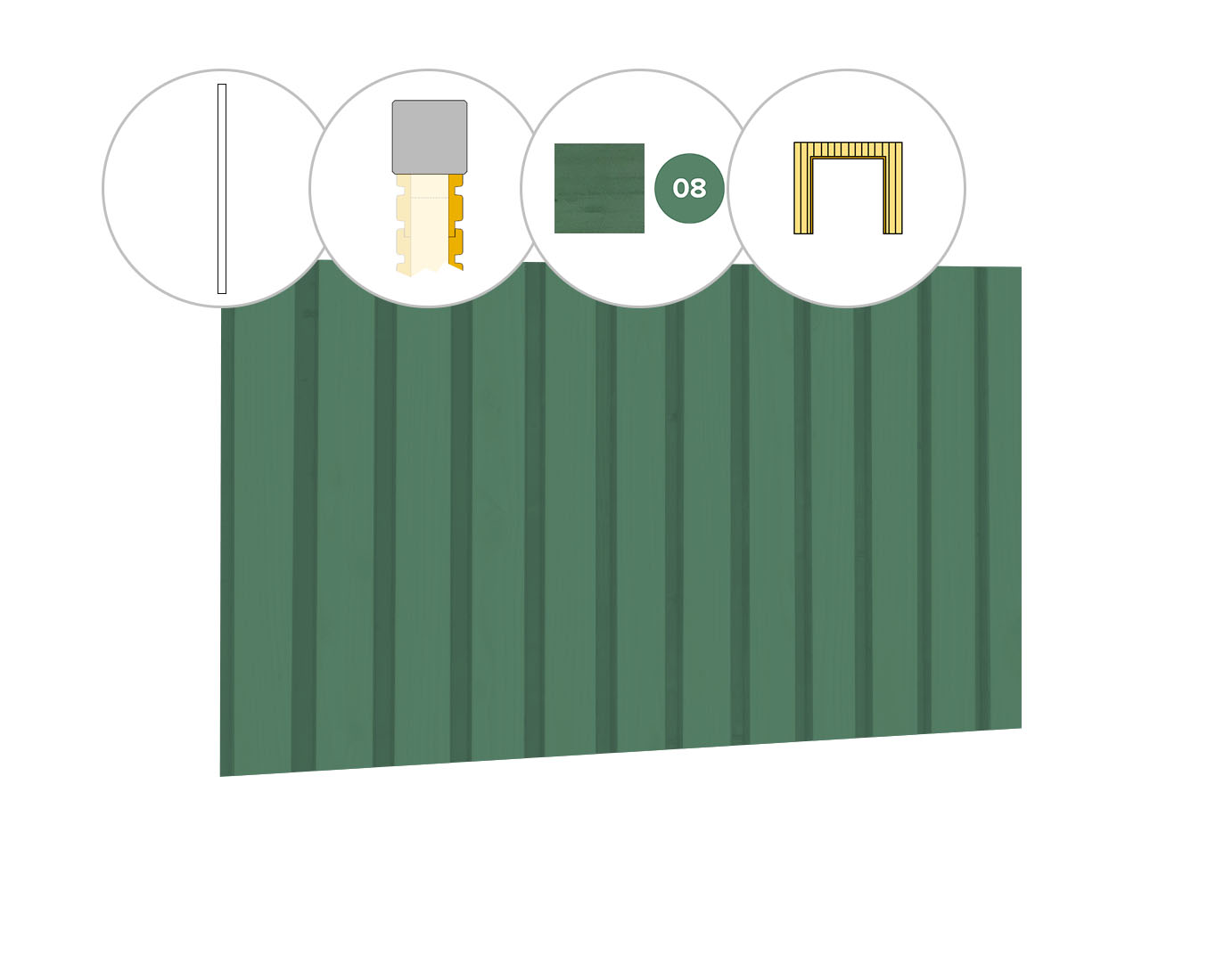 Rhombusprofiel plankenset vuren bij voorwand D, t.b.v. dubbele deur, 328,5 x 285 cm, jungle groen gespoten.