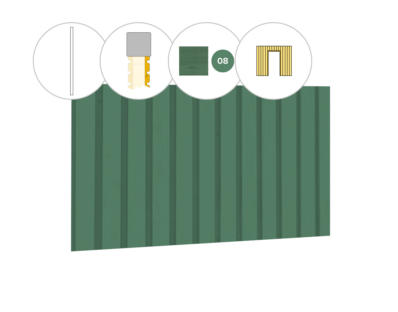 Rhombusprofiel plankenset vuren bij wand A, t.b.v. enkele deur, 178,5 x 224 cm, jungle groen gespoten.