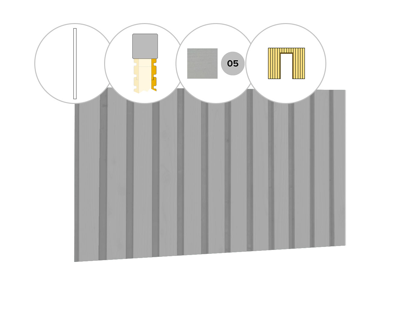 Rhombusprofiel plankenset vuren bij wand A, t.b.v. enkele deur, 178,5 x 224 cm, lichtgrijs gespoten.