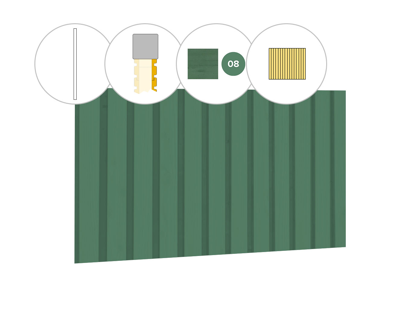 Rhombusprofiel plankenset vuren bij wand C, 278,5 x 224 cm, jungle groen gespoten.