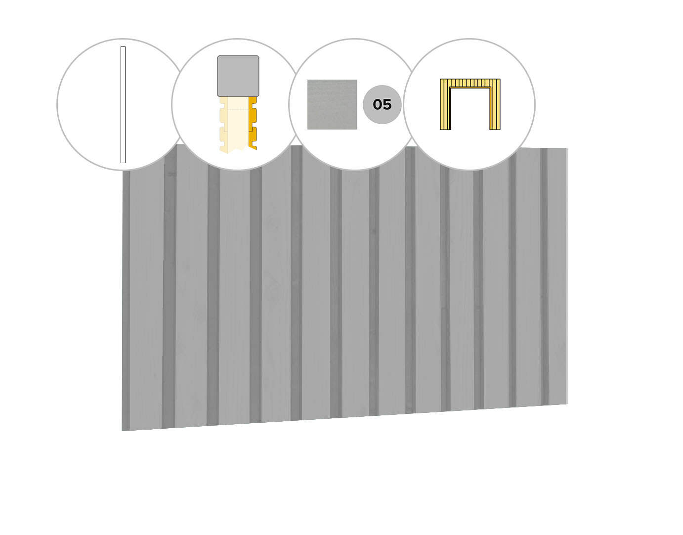 Rhombusprofiel plankenset vuren bij wand D, t.b.v. dubbele deur, 328,5 x 224 cm, lichtgrijs gespoten.