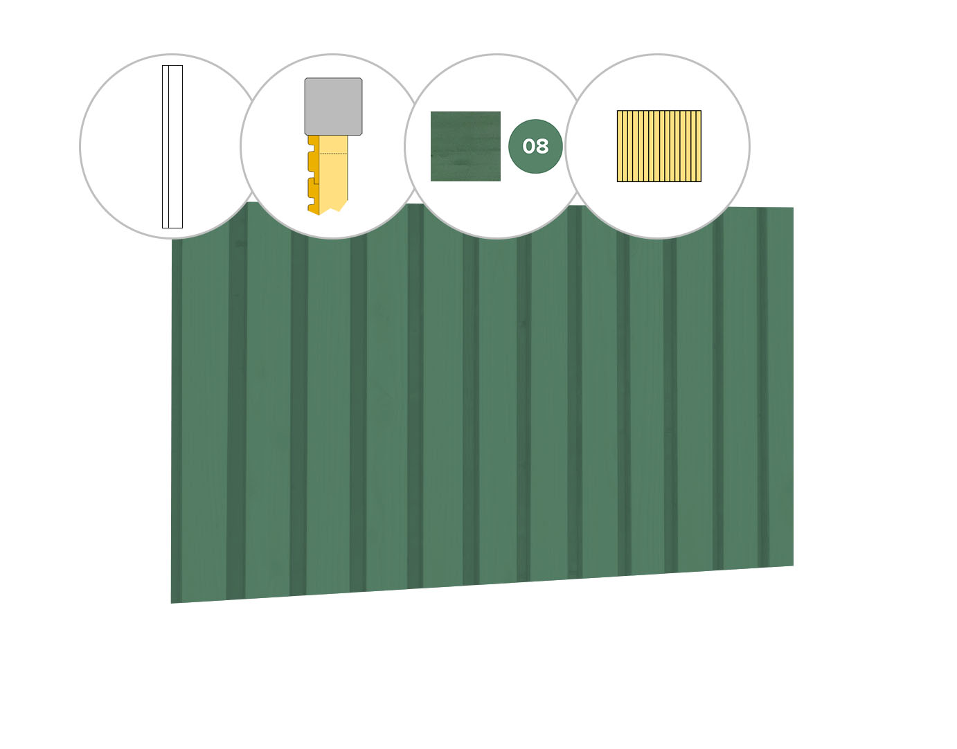 Rhombusprofiel vuren enkelzijdige voorwand C, 278,5 x 285 cm, jungle groen gespoten.
