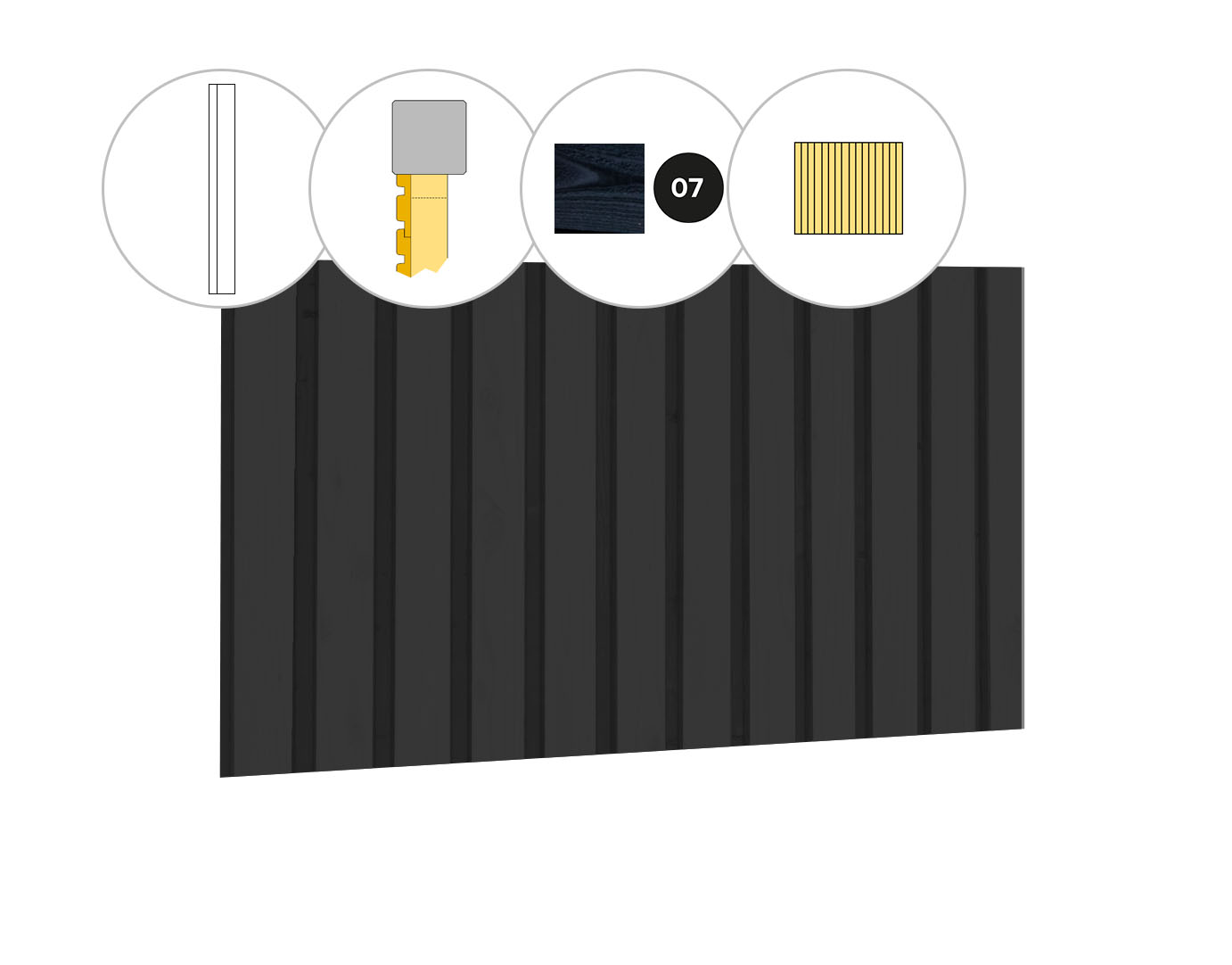 Rhombusprofiel vuren enkelzijdige voorwand C, 278,5 x 285 cm, zwart gespoten.