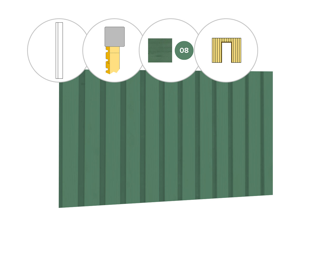 Rhombusprofiel vuren enkelzijdige wand A, t.b.v. enkele deur, 178,5 x 224 cm, jungle groen gespoten.