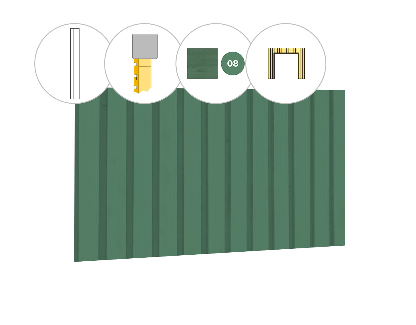 Rhombusprofiel vuren enkelzijdige wand B, t.b.v. dubbele deur, 228,5 x 224 cm, jungle groen gespoten.