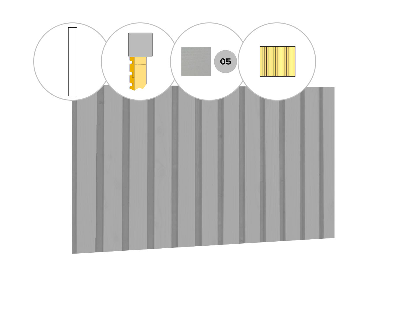 Rhombusprofiel vuren enkelzijdige wand D, 328,5 x 224 cm, lichtgrijs gespoten.