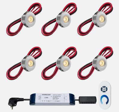 Set spots aluminium, 12 stuks. Inclusief trafo, afstandsbediening en kabel van 5 meter.