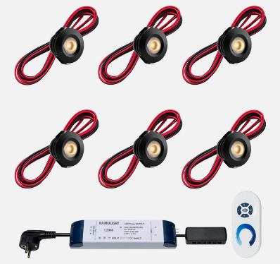 Set spots zwart, 6 stuks. Inclusief trafo, afstandsbediening en kabel van 5 meter.