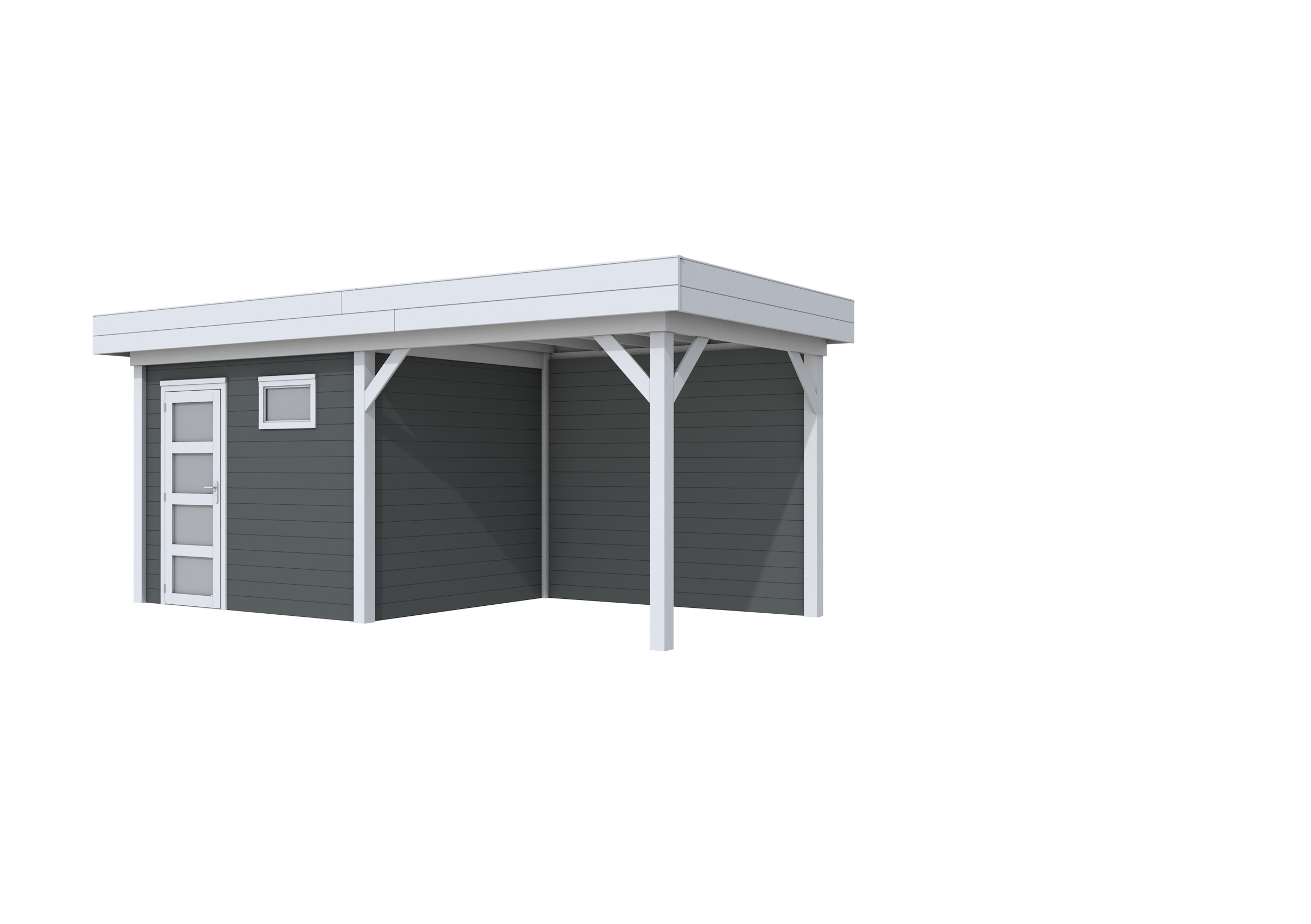 Vuren Topvision Bonte Kraai, 300 x 250 en luifel 300 cm, wanden antraciet en basis lichtgrijs.