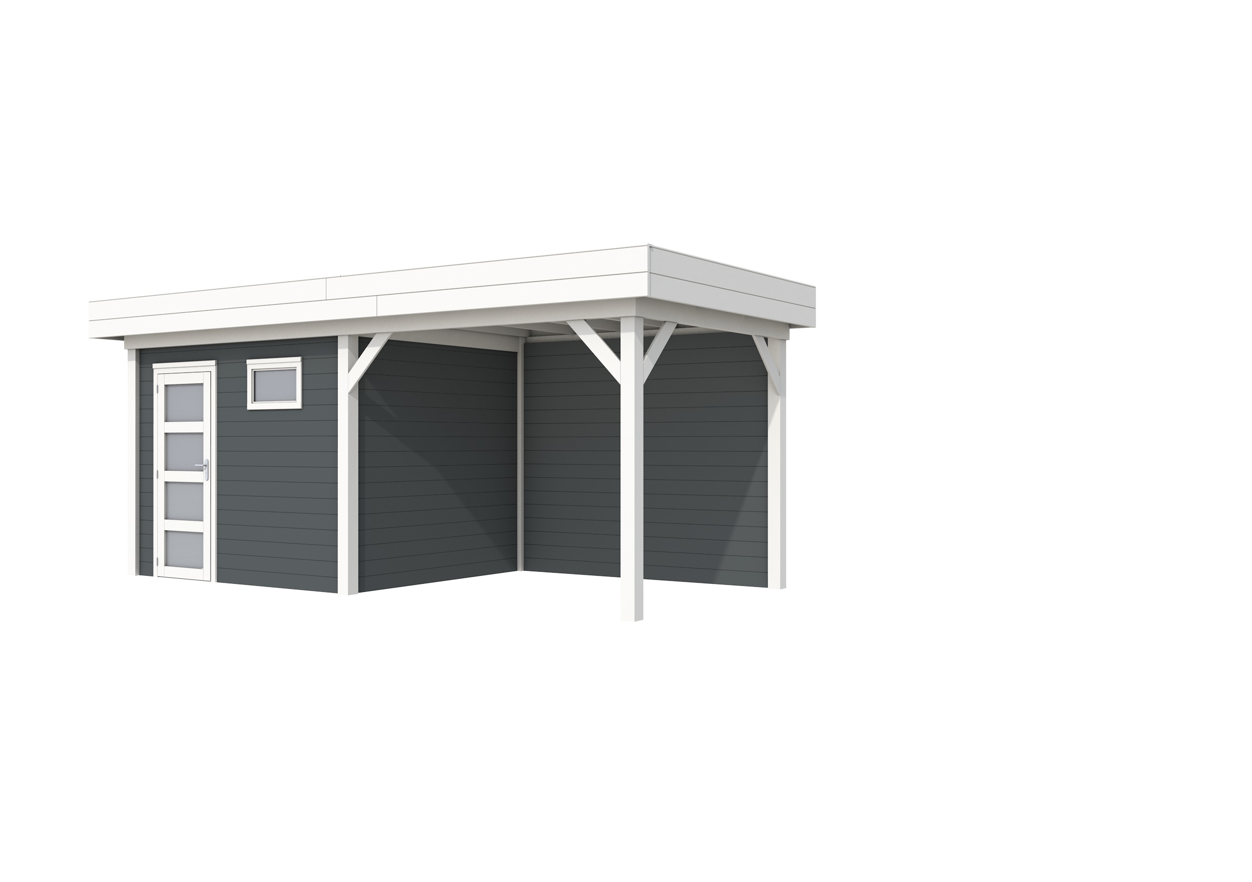 Vuren Topvision Bonte Kraai, 300 x 250 en luifel 300 cm, wanden antraciet en basis wit.