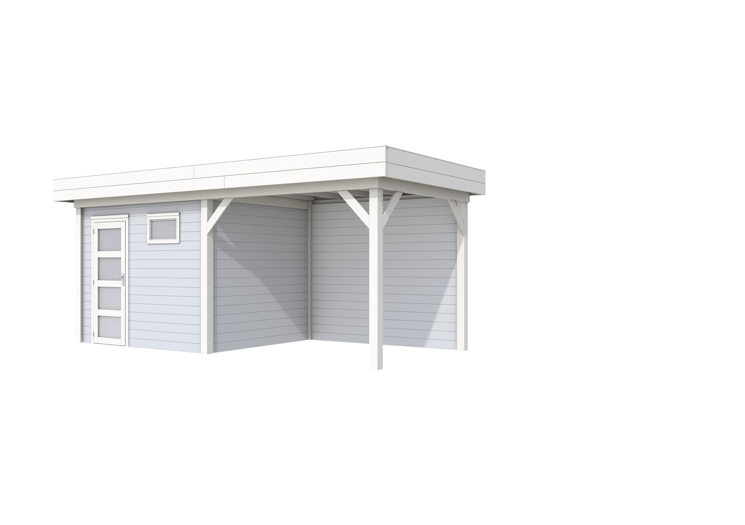 Vuren Topvision Bonte Kraai, 300 x 250 en luifel 300 cm, wanden lichtgrijs en basis wit.