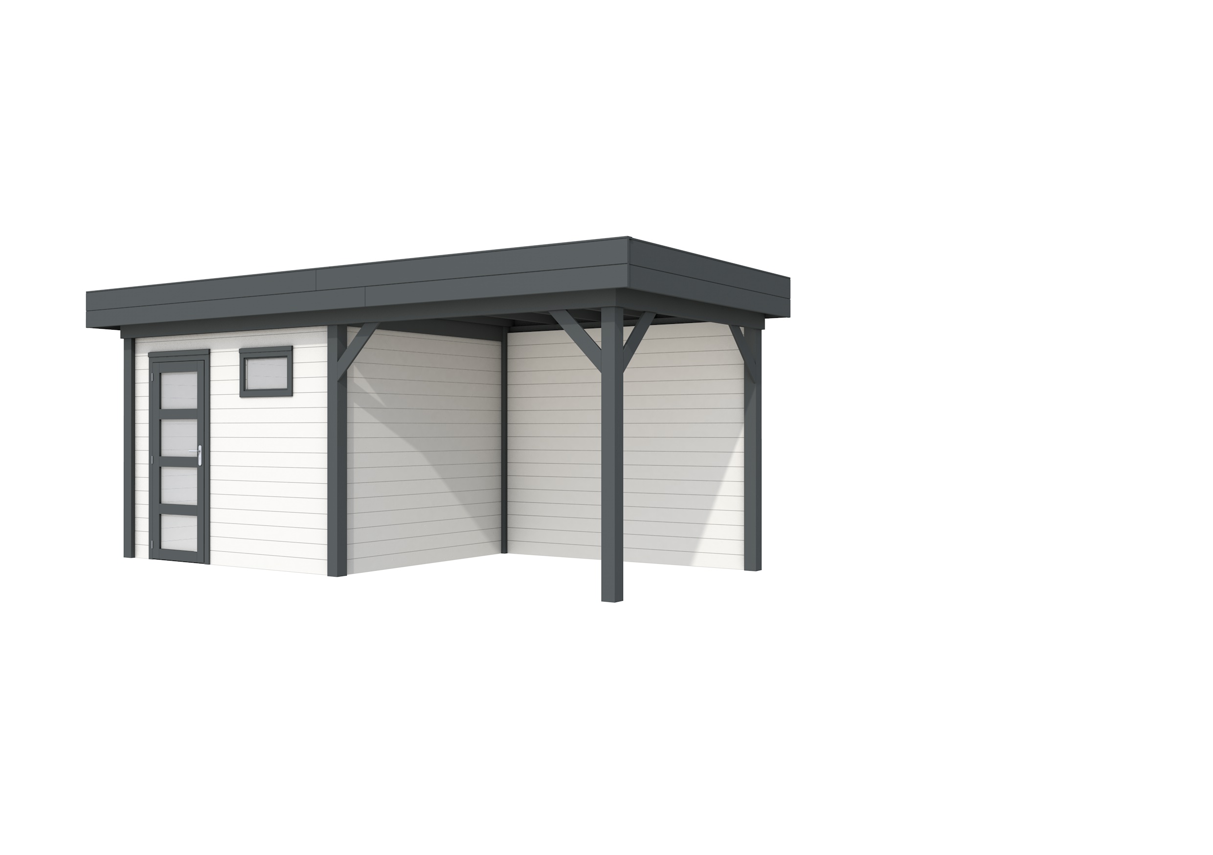 Vuren Topvision Bonte Kraai, 300 x 250 en luifel 300 cm, wanden wit en basis antraciet.