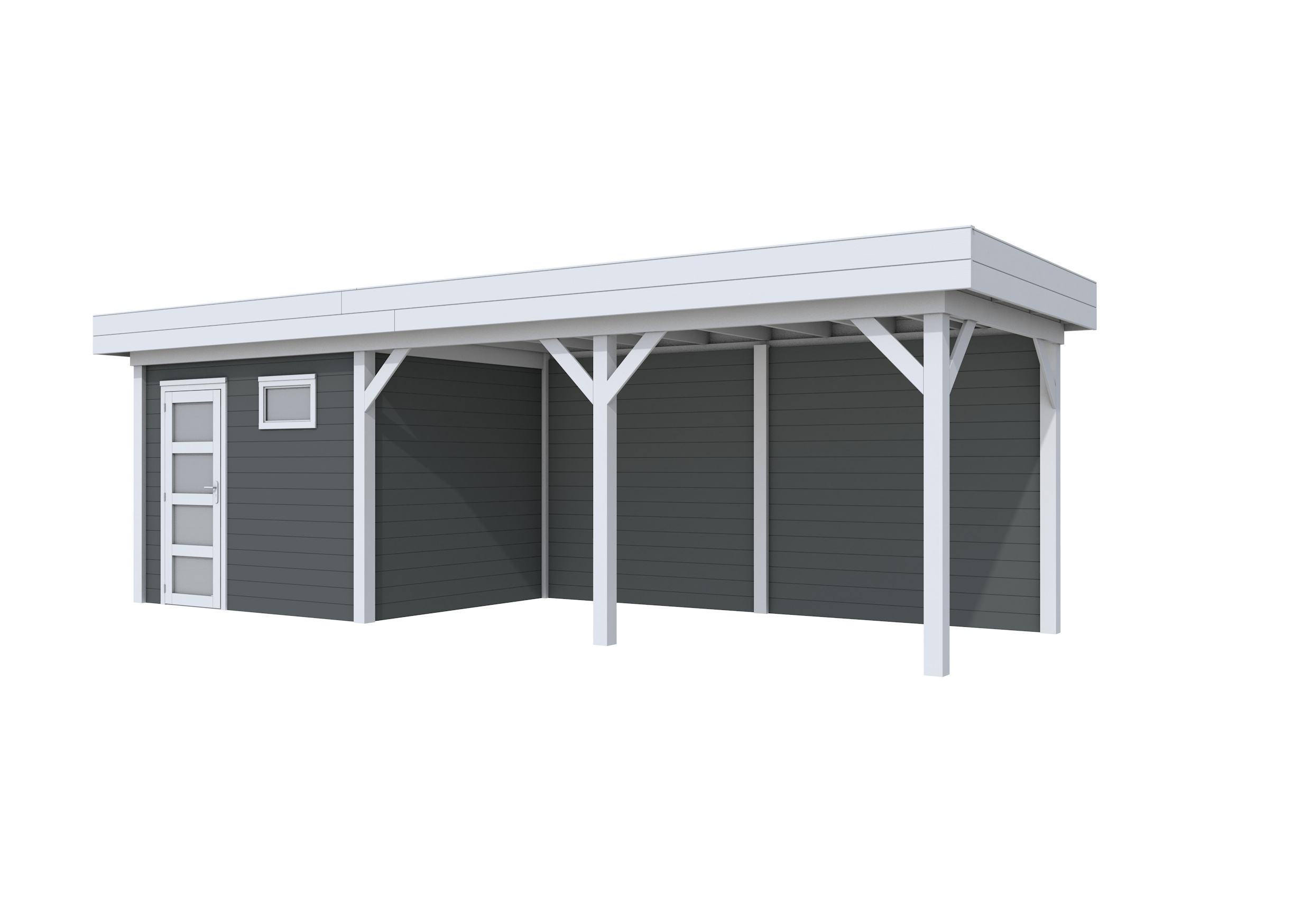 Vuren Topvision Bonte Kraai, 300 x 250 en luifel 500 cm, wanden antraciet en basis lichtgrijs.