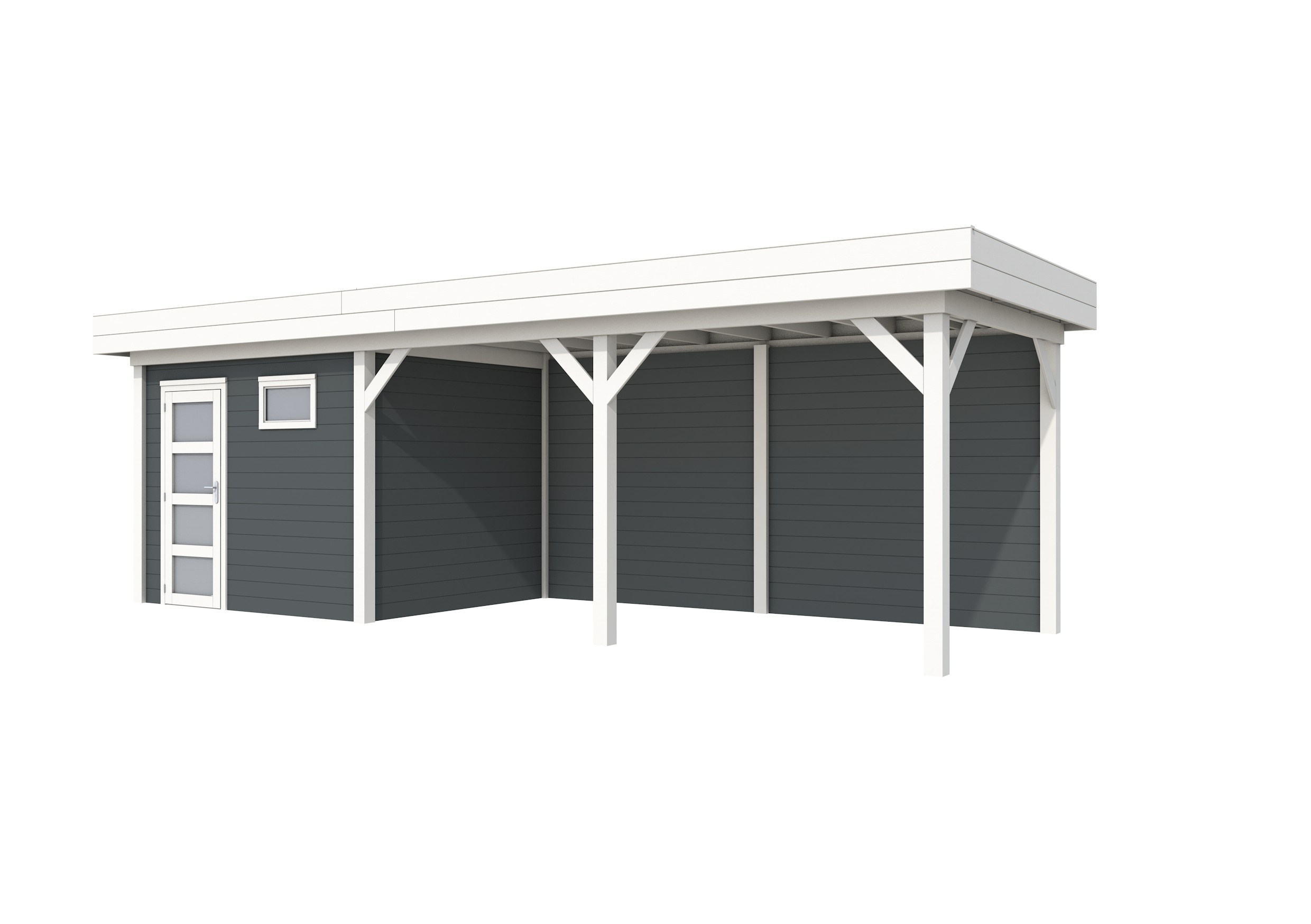 Vuren Topvision Bonte Kraai, 300 x 250 en luifel 500 cm, wanden antraciet en basis wit.