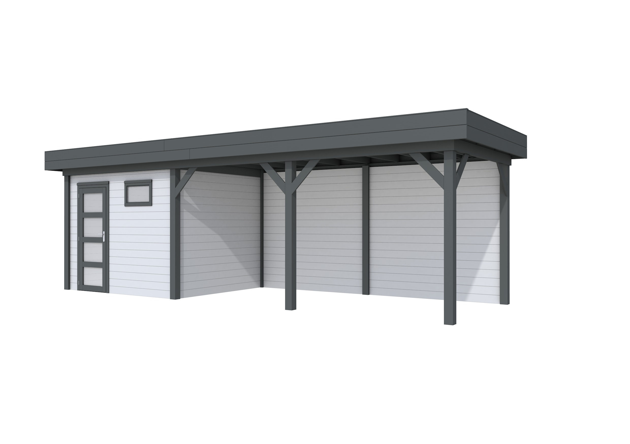 Vuren Topvision Bonte Kraai, 300 x 250 en luifel 500 cm, wanden lichtgrijs en basis antraciet.