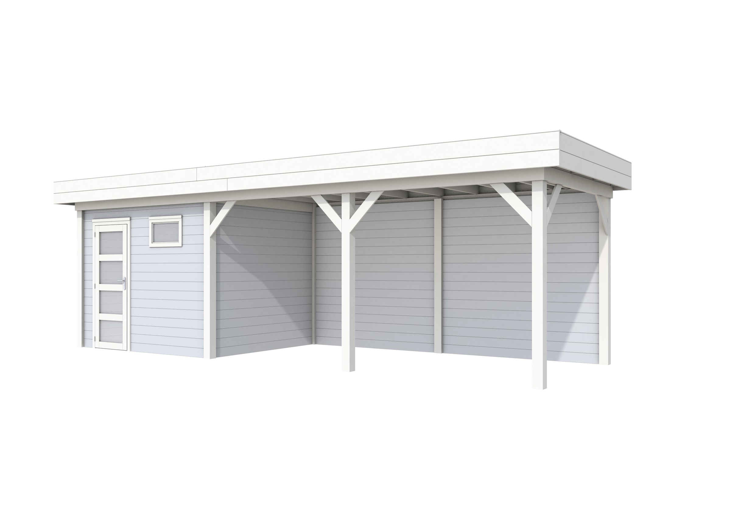 Vuren Topvision Bonte Kraai, 300 x 250 en luifel 500 cm, wanden lichtgrijs en basis wit.