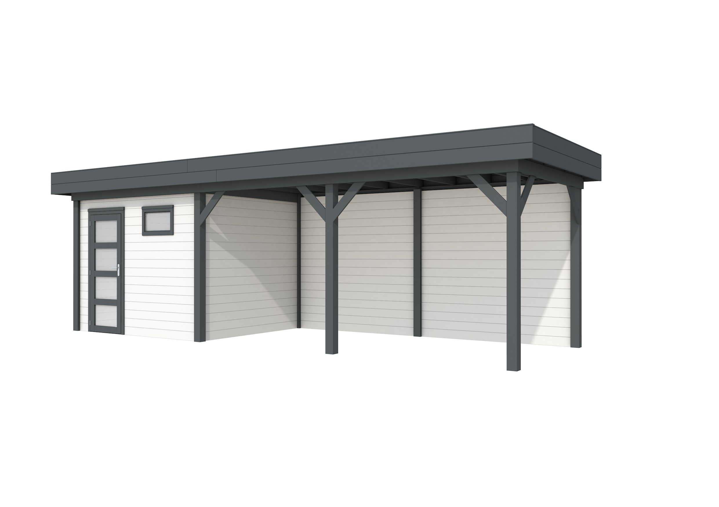 Vuren Topvision Bonte Kraai, 300 x 250 en luifel 500 cm, wanden wit en basis antraciet.