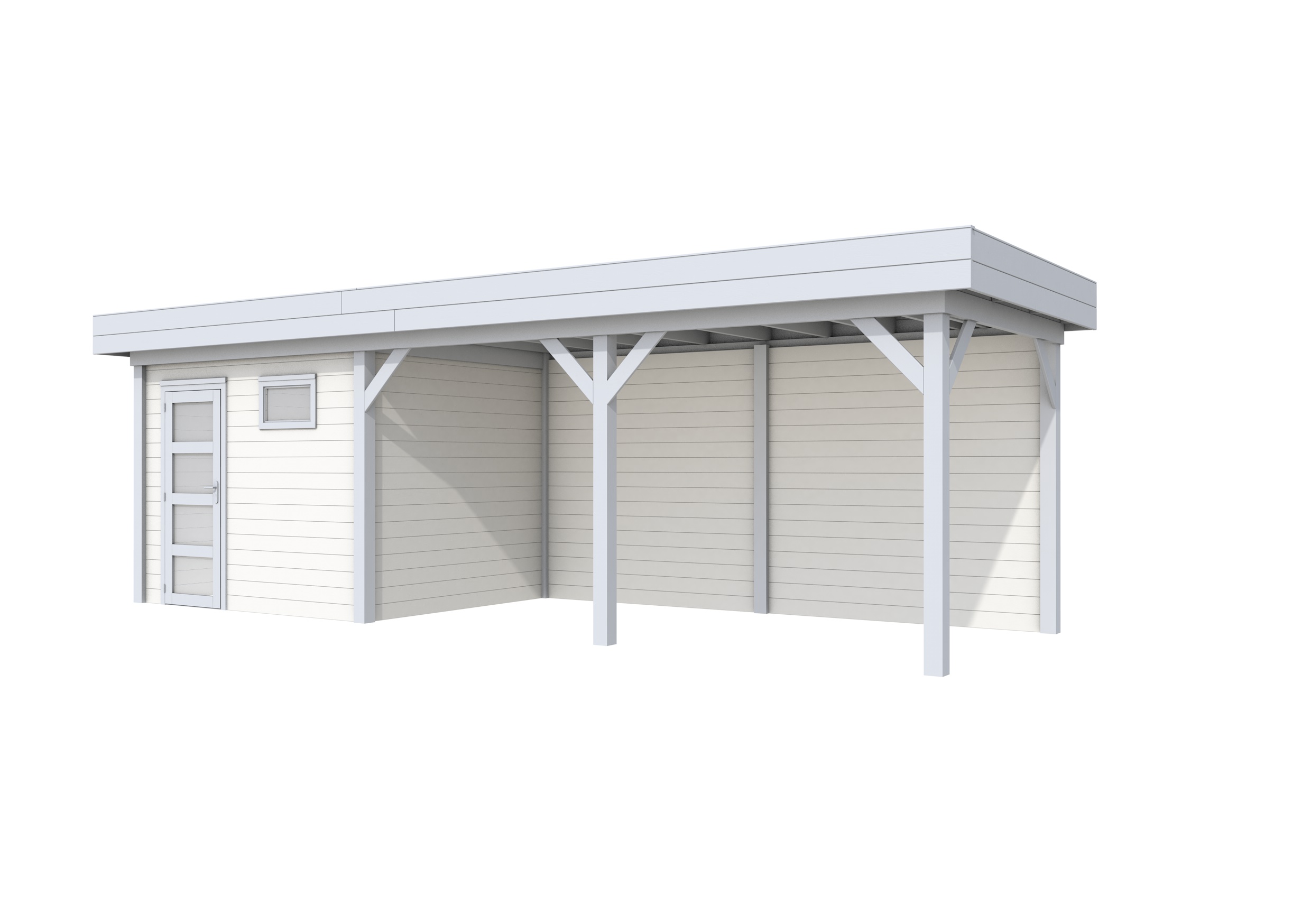 Vuren Topvision Bonte Kraai, 300 x 250 en luifel 500 cm, wanden wit en basis lichtgrijs.