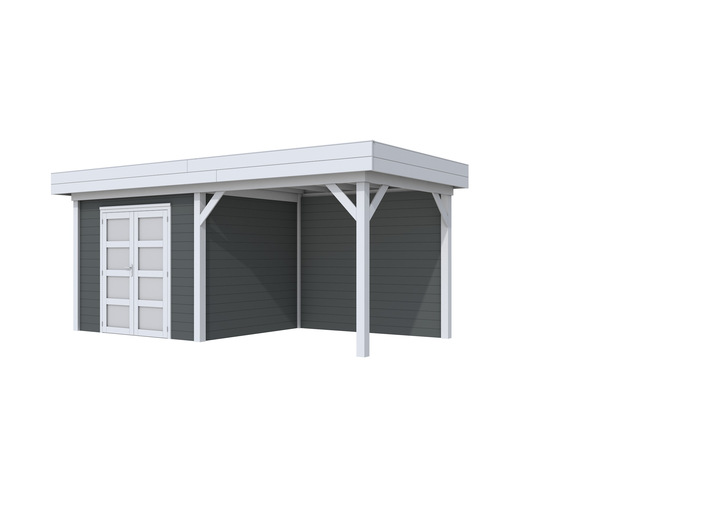 Vuren Topvision Bonte Specht, 300 x 250 en luifel 300 cm, wanden antraciet en basis lichtgrijs.