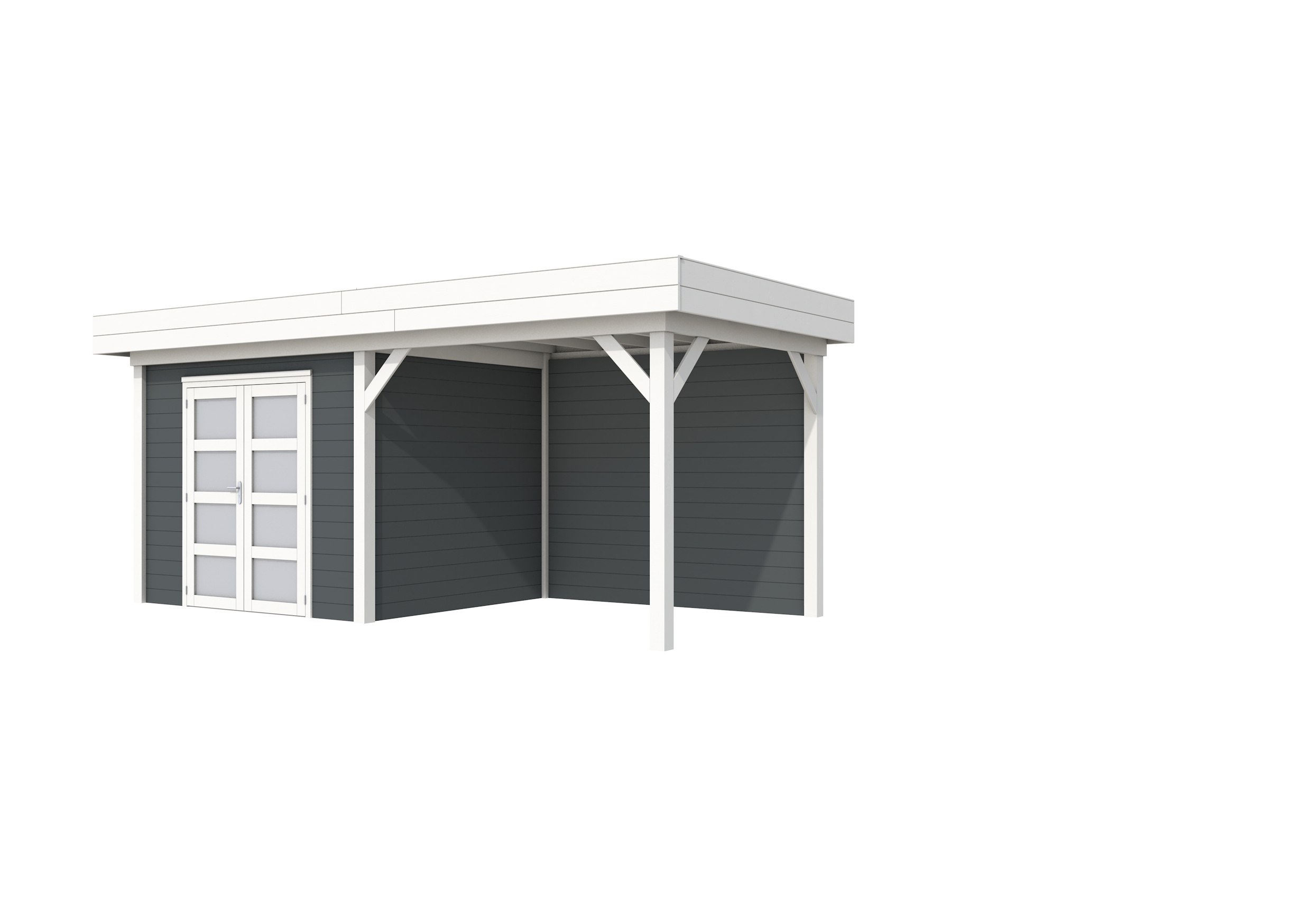 Vuren Topvision Bonte Specht, 300 x 250 en luifel 300 cm, wanden antraciet en basis wit.