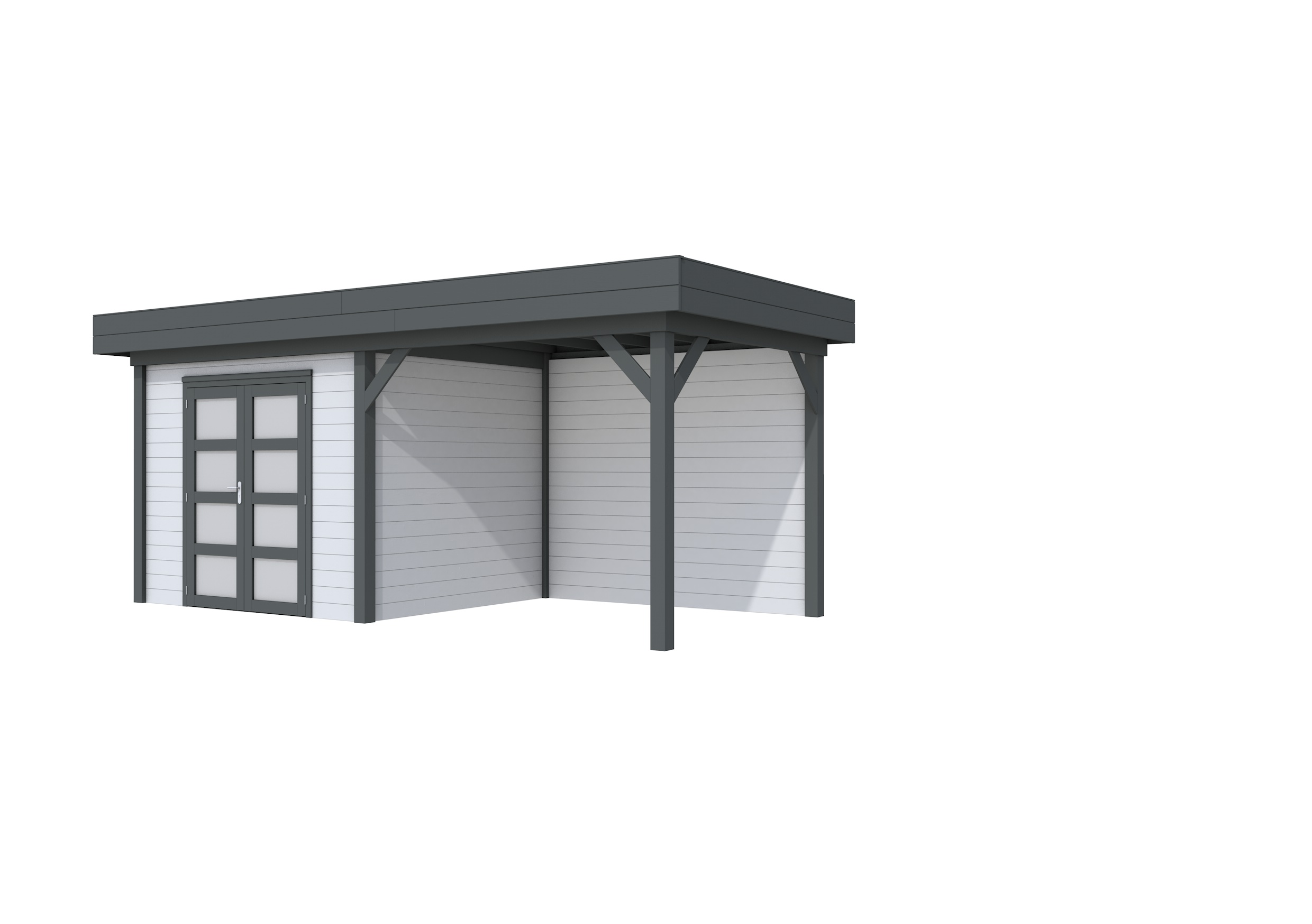 Vuren Topvision Bonte Specht, 300 x 250 en luifel 300 cm, wanden lichtgrijs en basis antraciet.