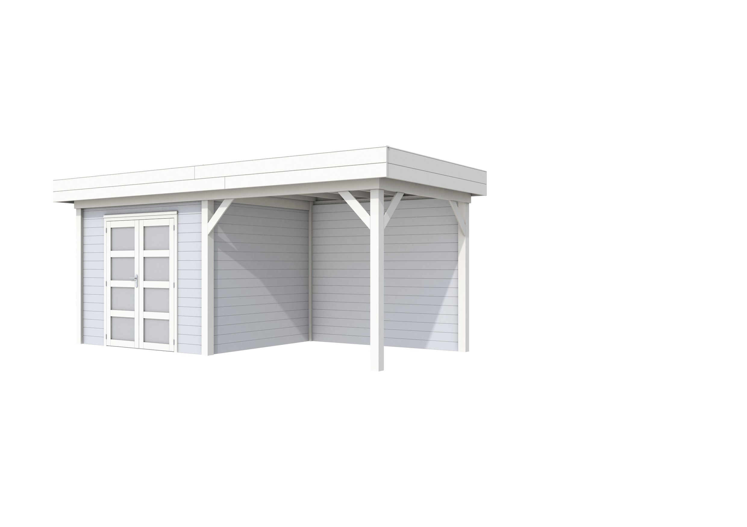 Vuren Topvision Bonte Specht, 300 x 250 en luifel 300 cm, wanden lichtgrijs en basis wit.