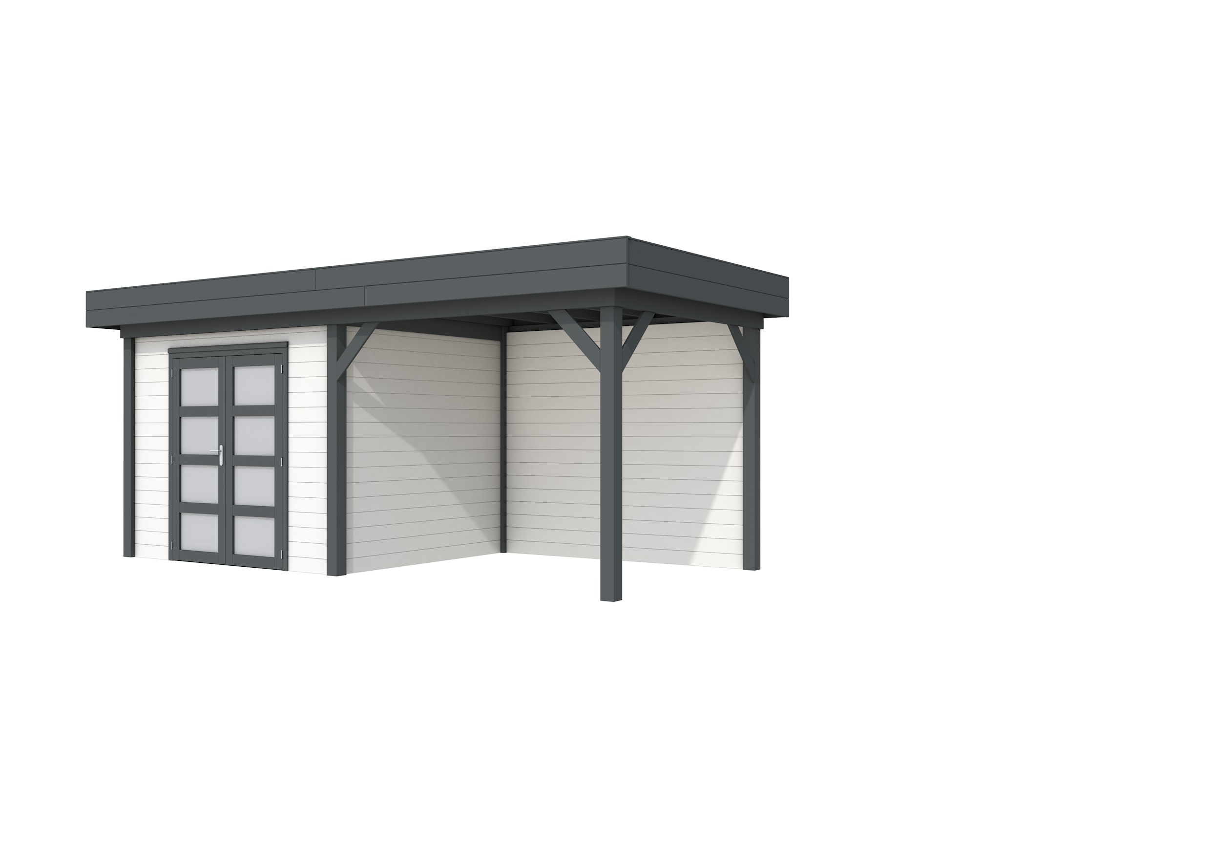 Vuren Topvision Bonte Specht, 300 x 250 en luifel 300 cm, wanden wit en basis antraciet.