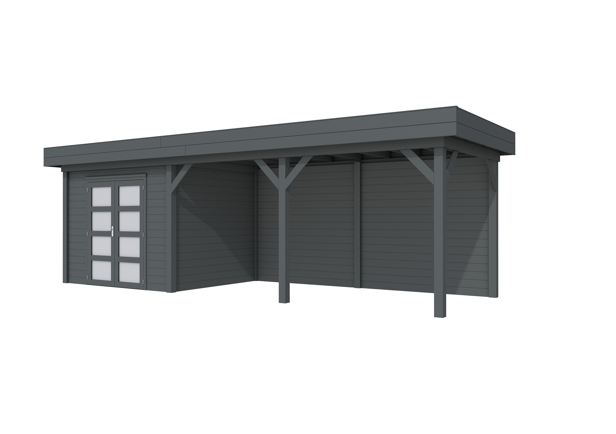 Vuren Topvision Bonte Specht, 300 x 250 en luifel 500 cm, antraciet gespoten.