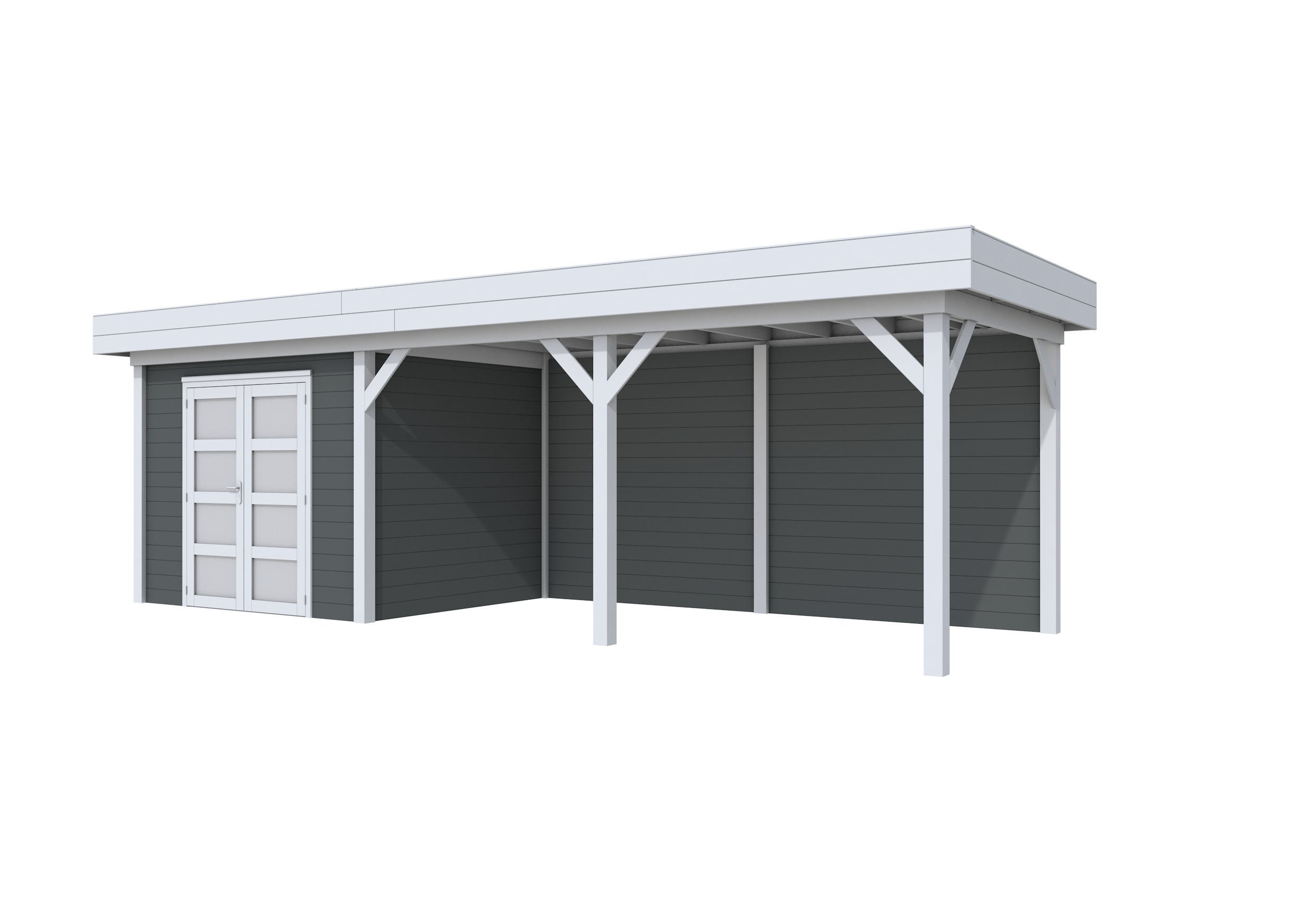 Vuren Topvision Bonte Specht, 300 x 250 en luifel 500 cm, wanden antraciet en basis lichtgrijs.