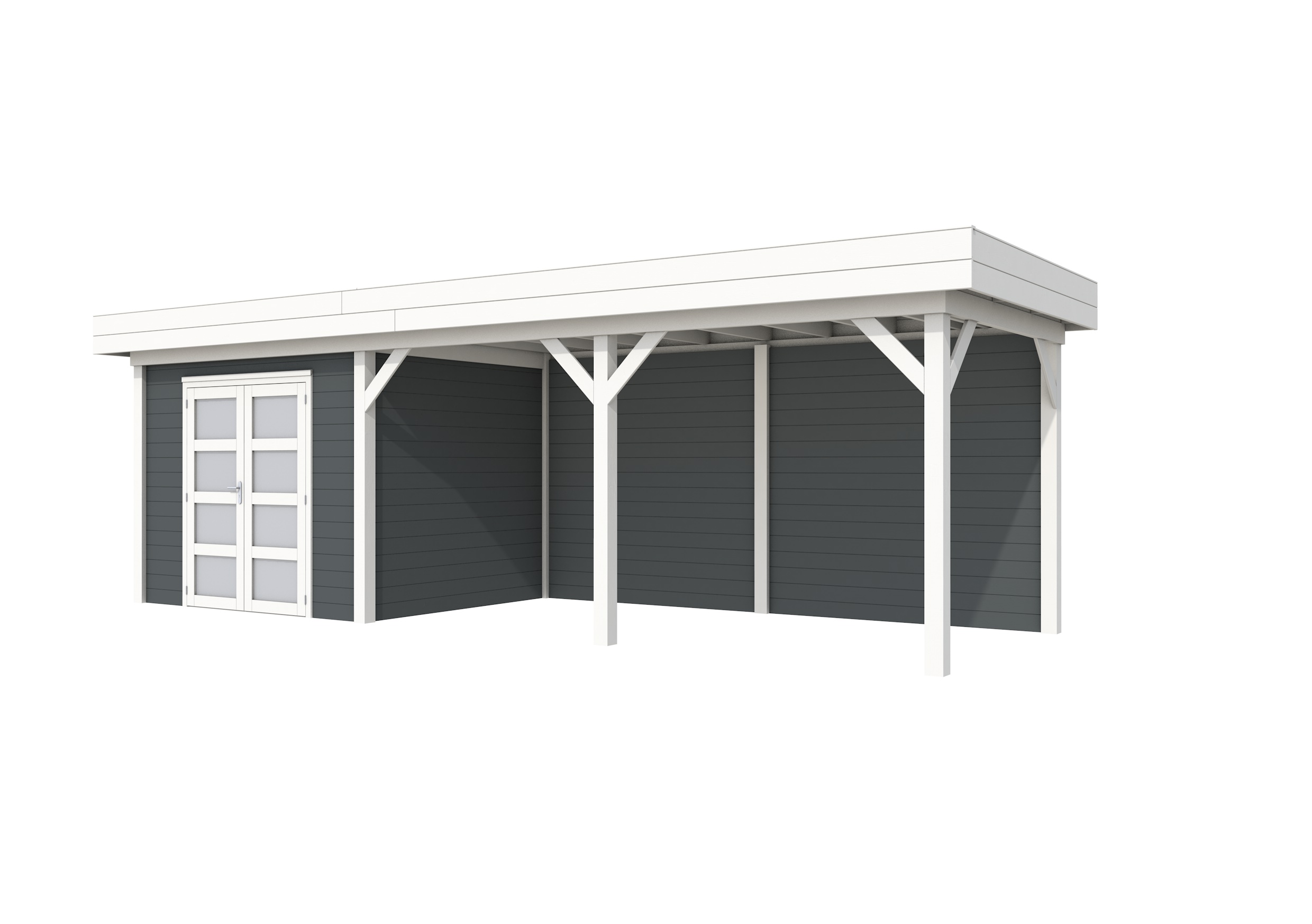 Vuren Topvision Bonte Specht, 300 x 250 en luifel 500 cm, wanden antraciet en basis wit.