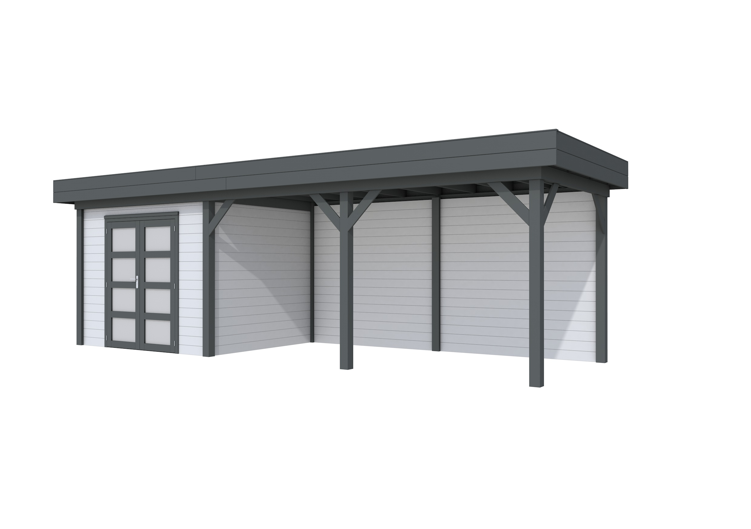 Vuren Topvision Bonte Specht, 300 x 250 en luifel 500 cm, wanden lichtgrijs en basis antraciet.