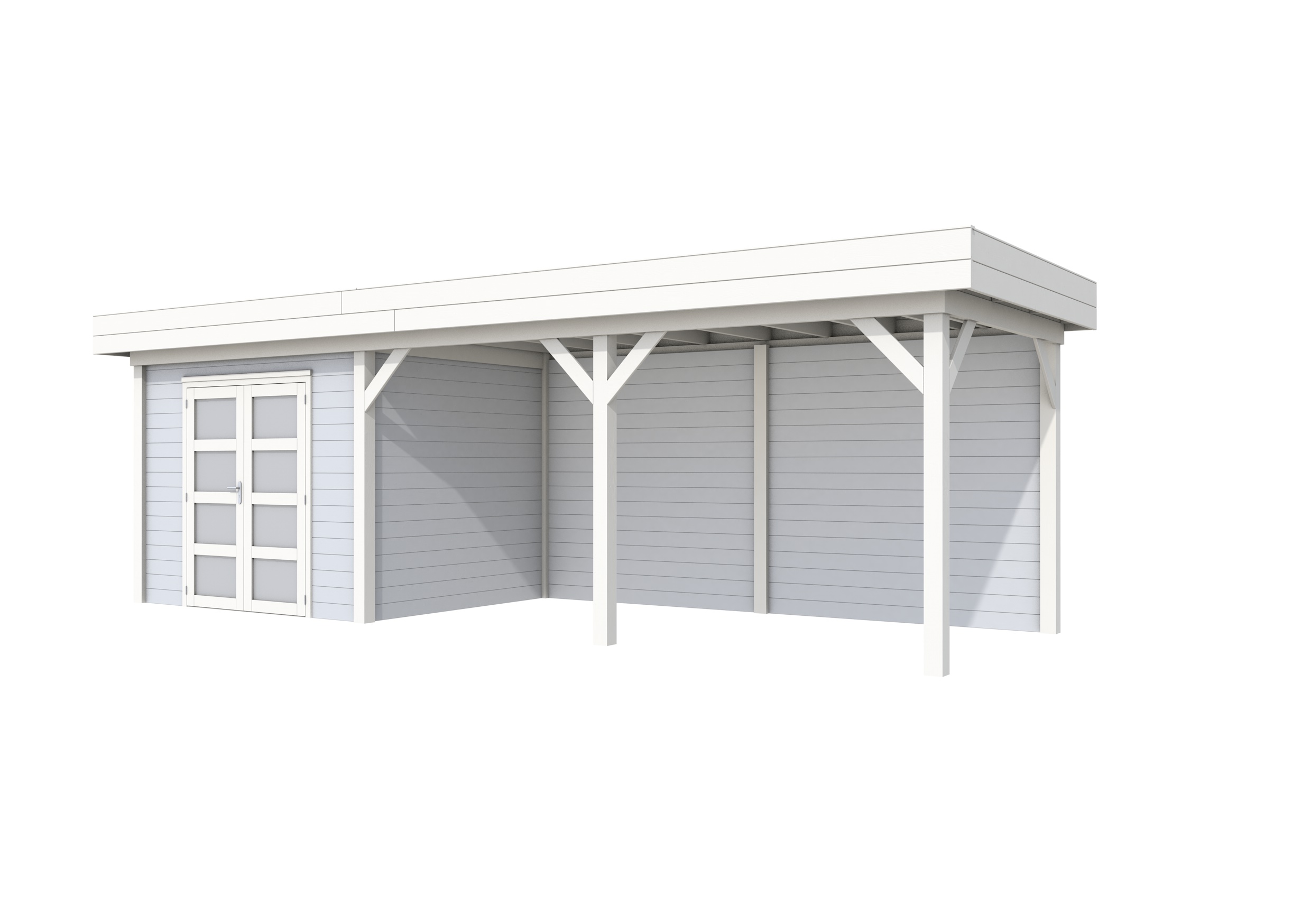 Vuren Topvision Bonte Specht, 300 x 250 en luifel 500 cm, wanden lichtgrijs en basis wit.