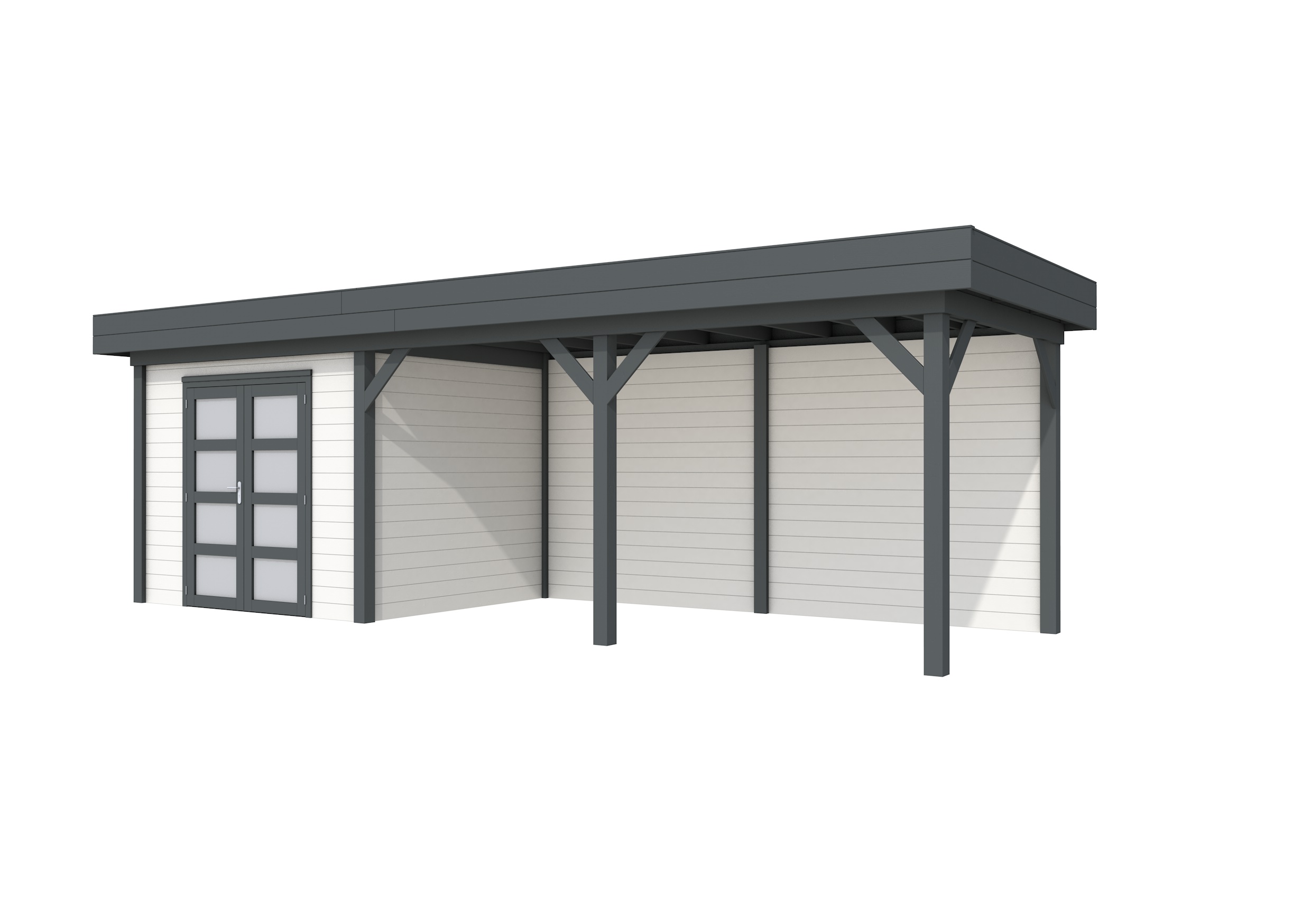 Vuren Topvision Bonte Specht, 300 x 250 en luifel 500 cm, wanden wit en basis antraciet.