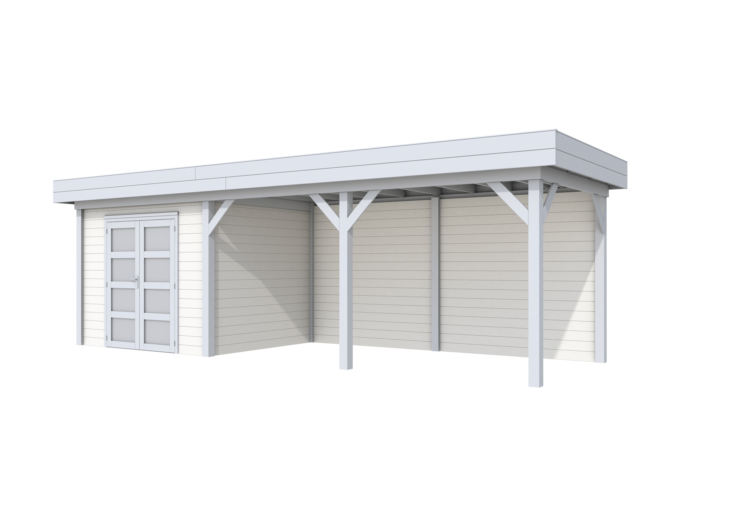 Vuren Topvision Bonte Specht, 300 x 250 en luifel 500 cm, wanden wit en basis lichtgrijs.