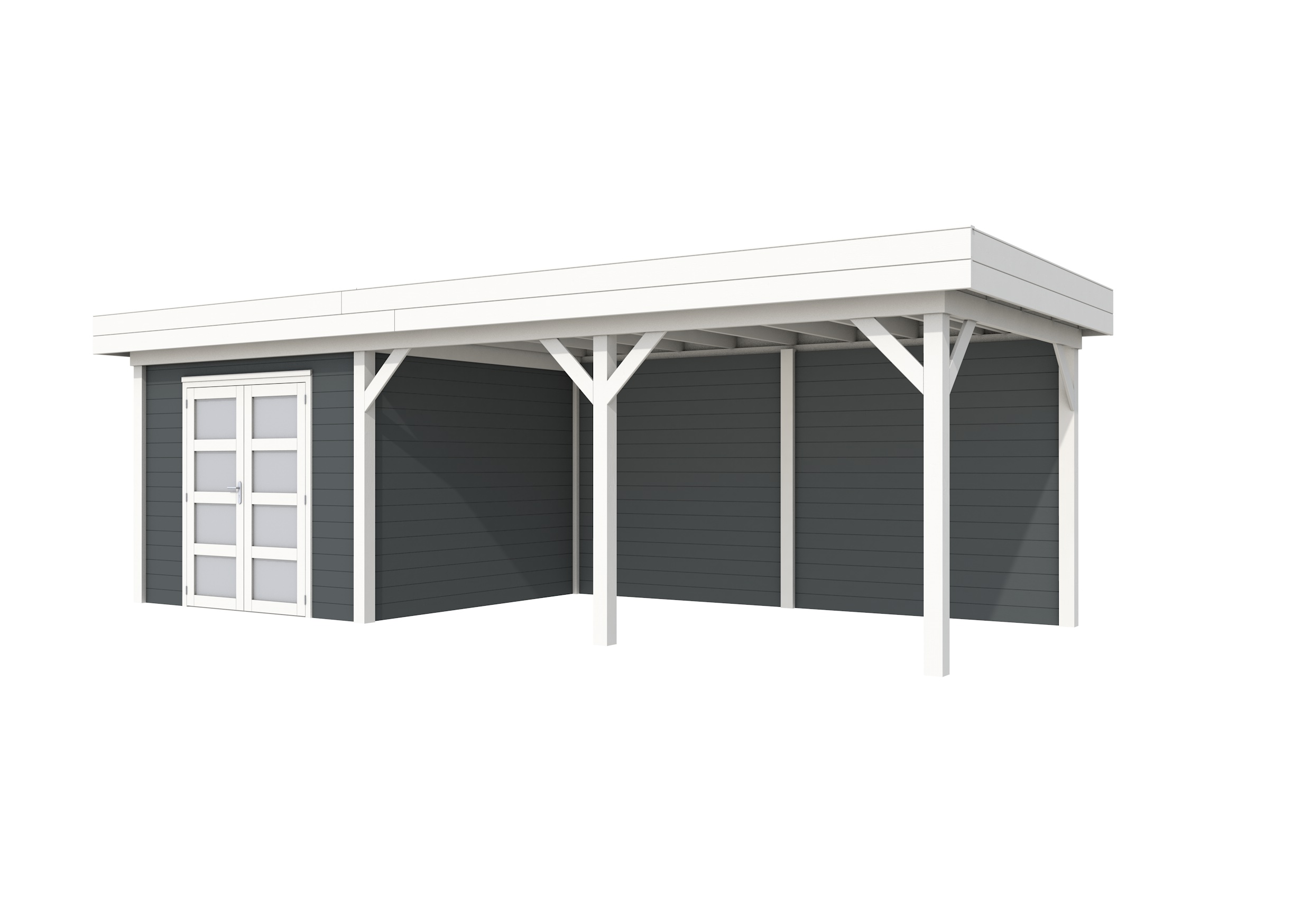 Vuren Topvision Bosuil, 300 x 300 en luifel 500 cm, wanden antraciet en basis wit.