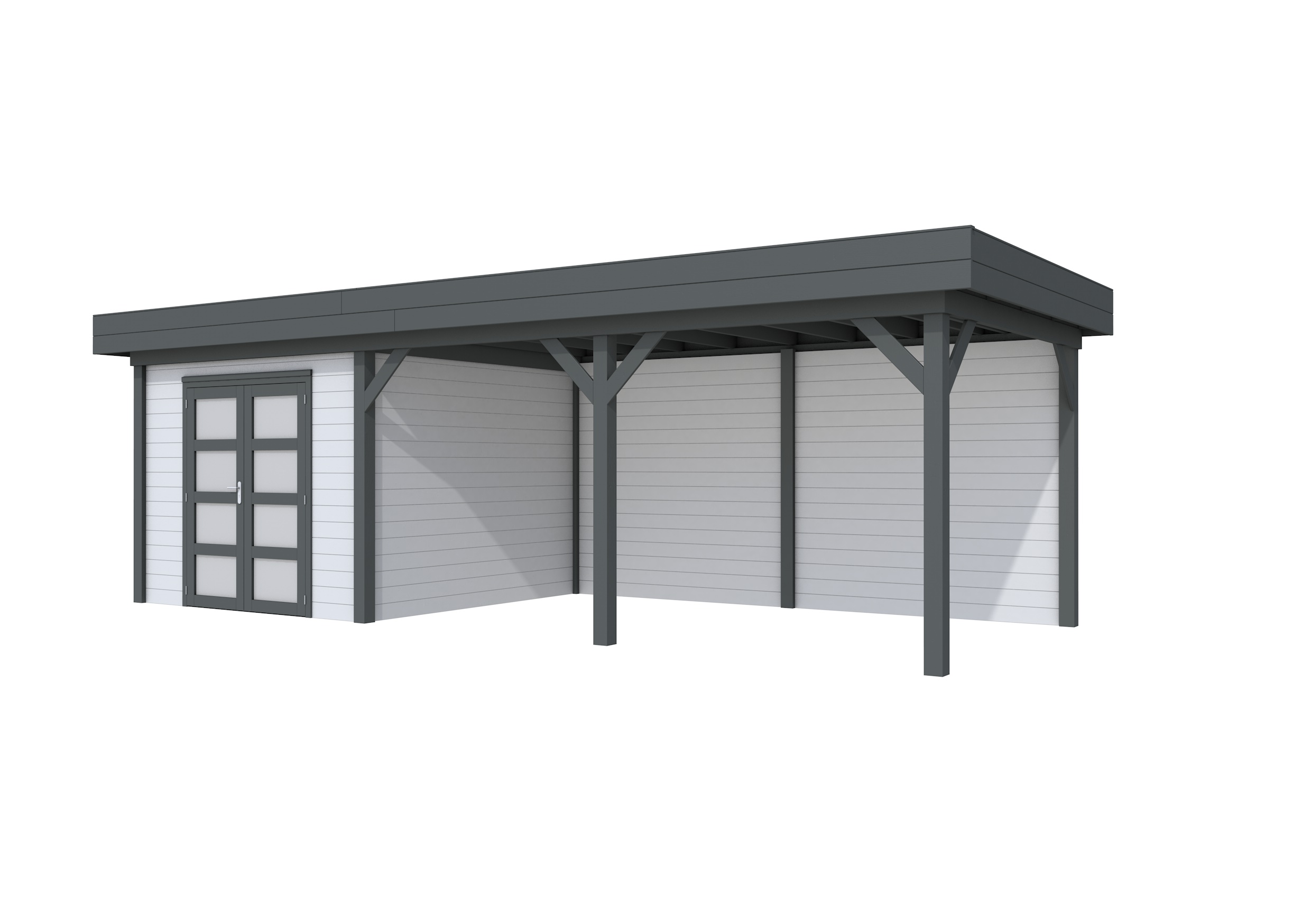 Vuren Topvision Bosuil, 300 x 300 en luifel 500 cm, wanden lichtgrijs en basis antraciet.