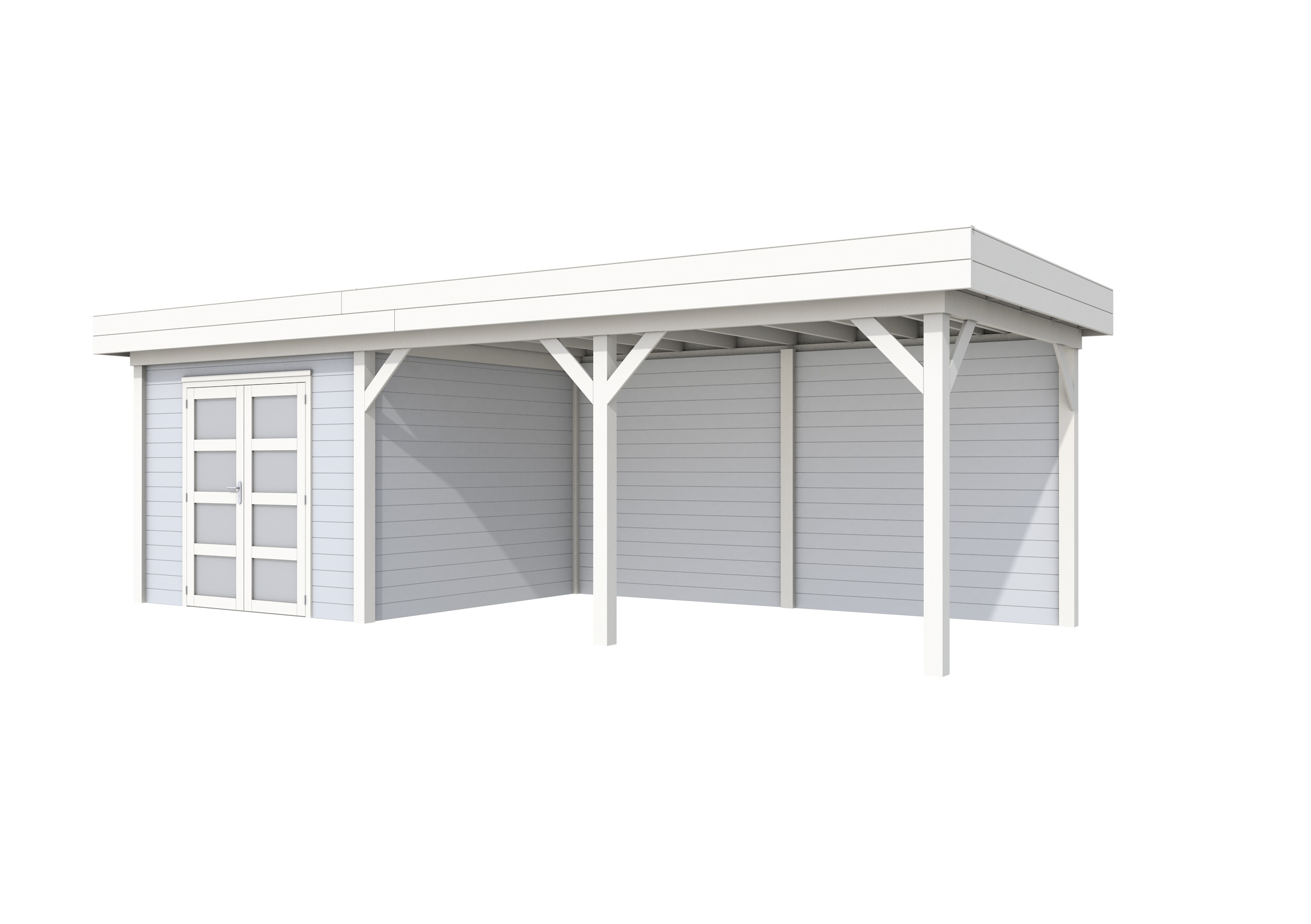 Vuren Topvision Bosuil, 300 x 300 en luifel 500 cm, wanden lichtgrijs en basis wit.