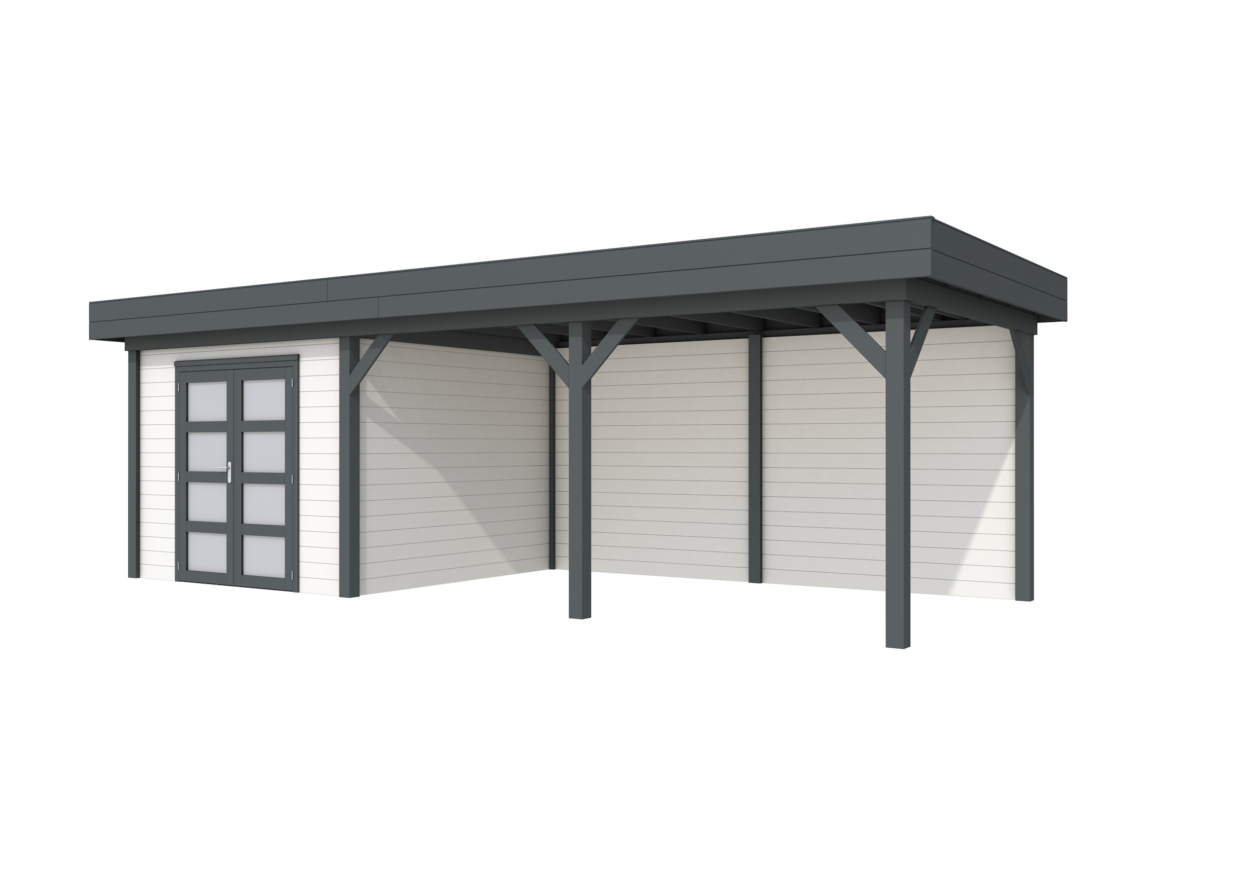 Vuren Topvision Bosuil, 300 x 300 en luifel 500 cm, wanden wit en basis antraciet.