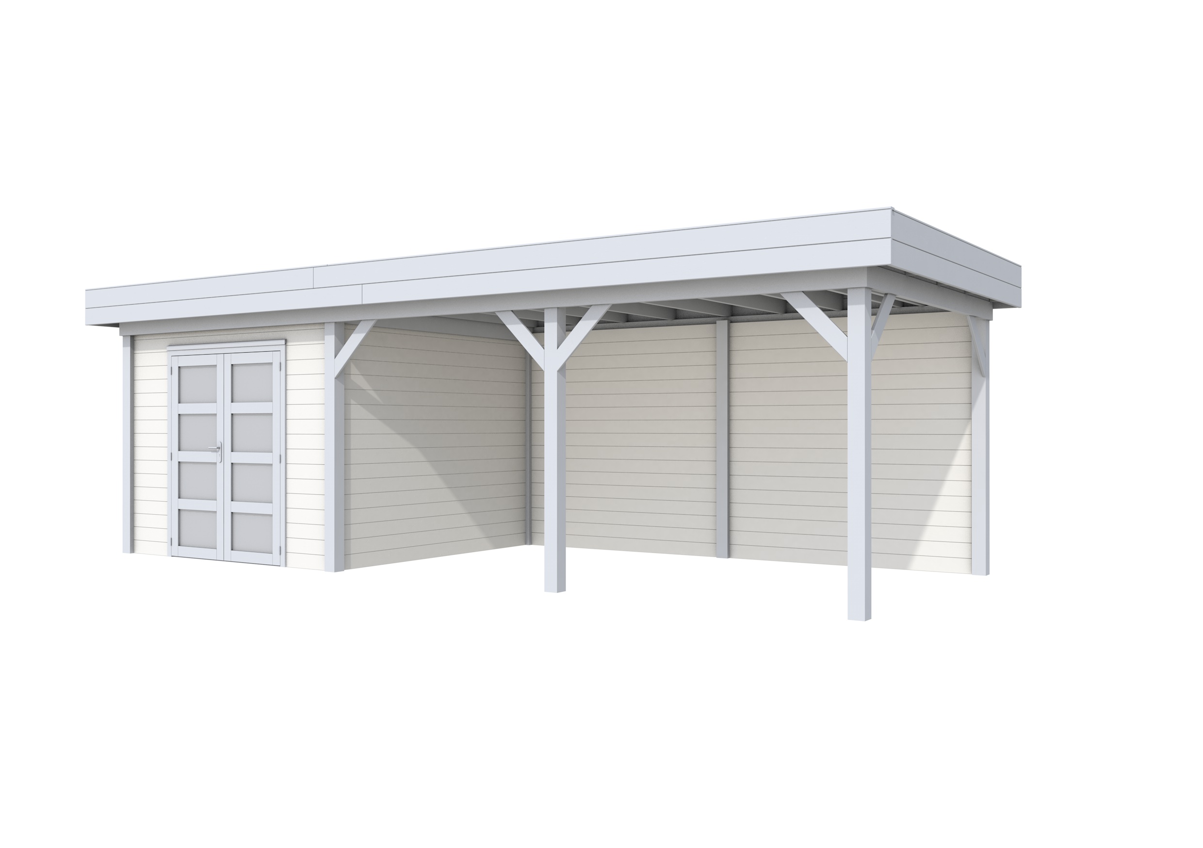 Vuren Topvision Bosuil, 300 x 300 en luifel 500 cm, wanden wit en basis lichtgrijs.