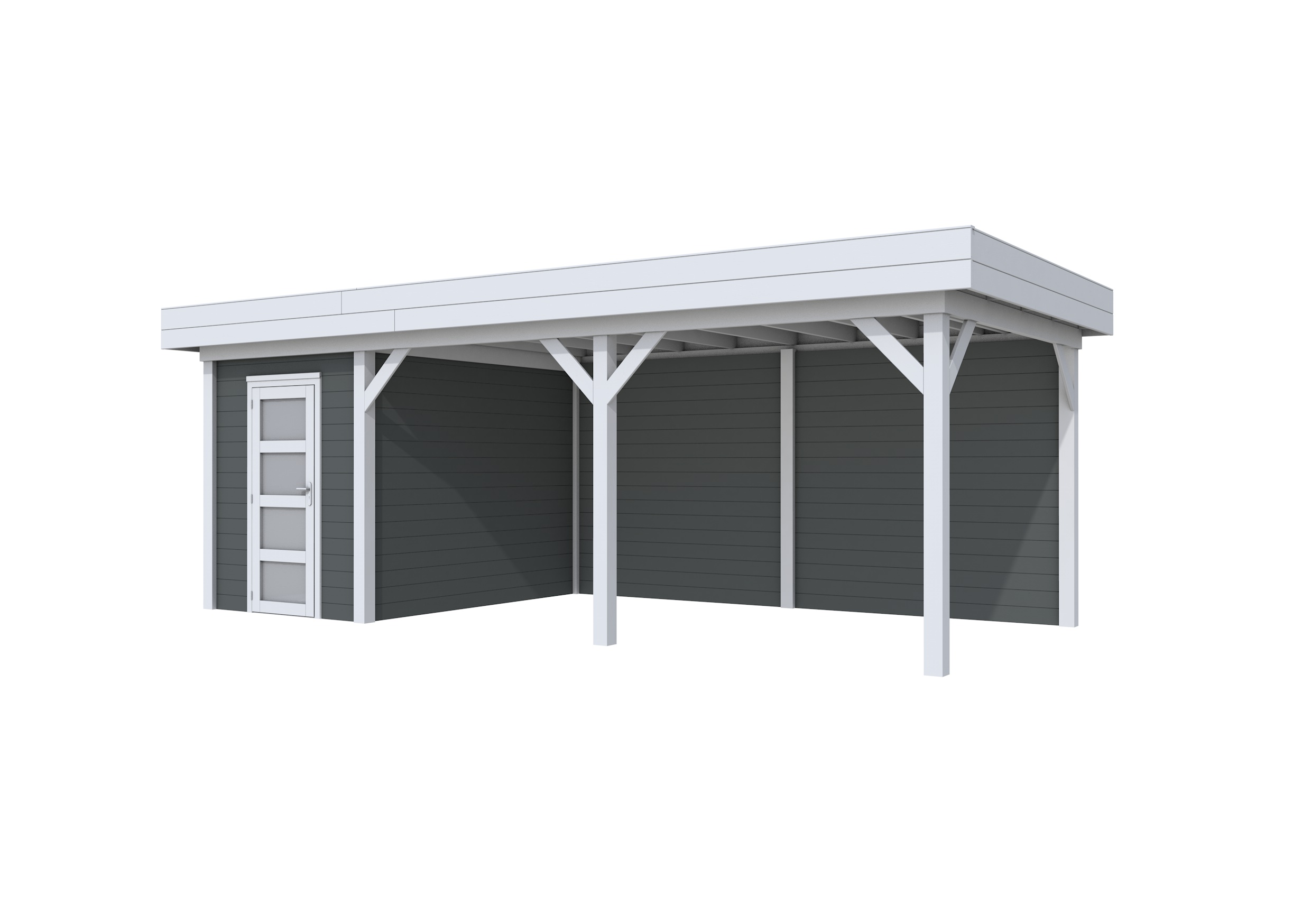 Vuren Topvision Kiekendief, 200 x 300 en luifel 500 cm, wanden antraciet en basis lichtgrijs.