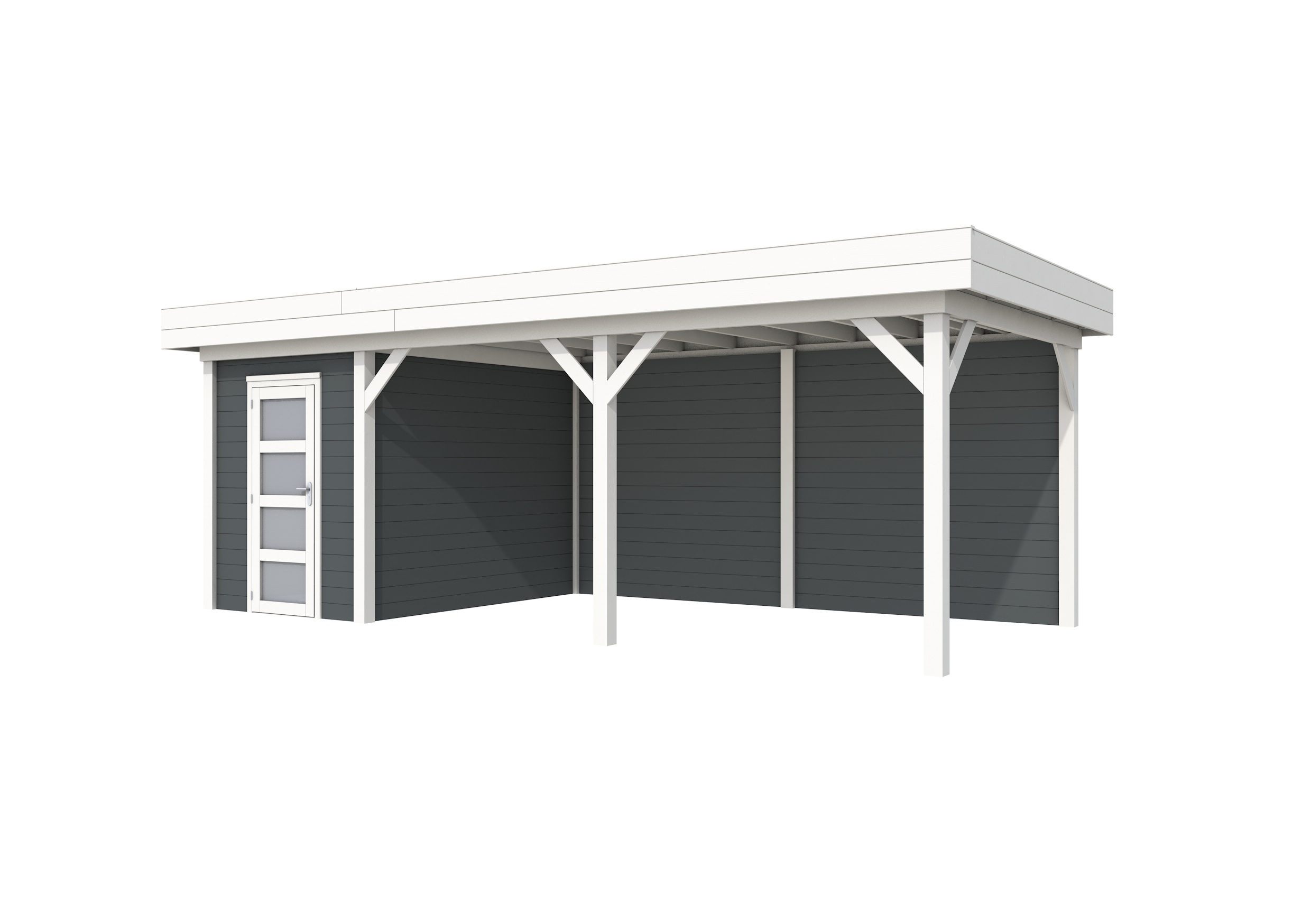 Vuren Topvision Kiekendief, 200 x 300 en luifel 500 cm, wanden antraciet en basis wit.