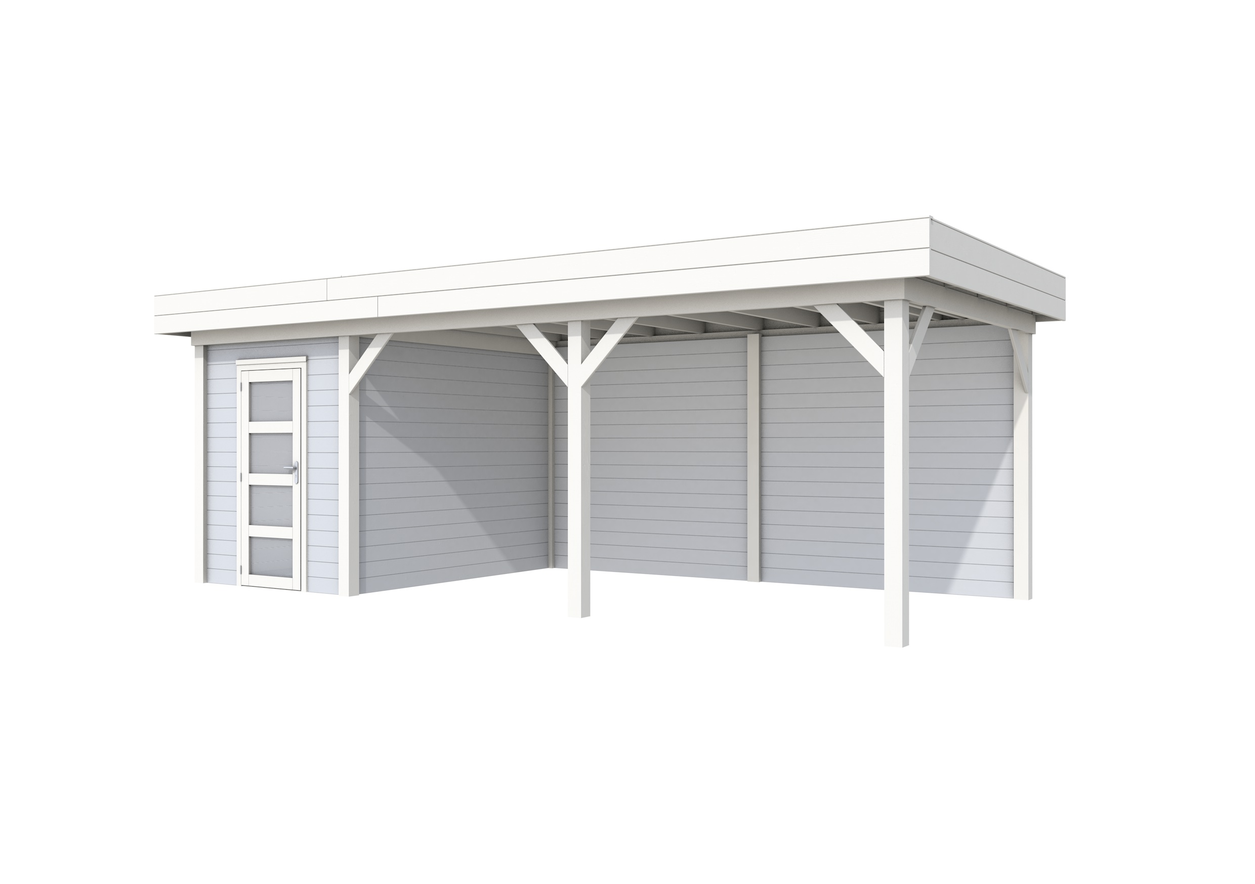 Vuren Topvision Kiekendief, 200 x 300 en luifel 500 cm, wanden lichtgrijs en basis wit.