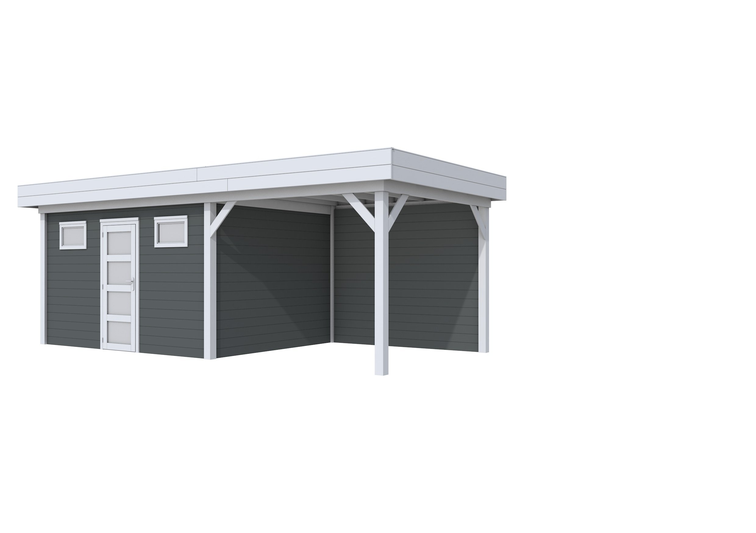 Vuren Topvision Kievit, 400 x 300 en luifel 300 cm, wanden antraciet en basis lichtgrijs.