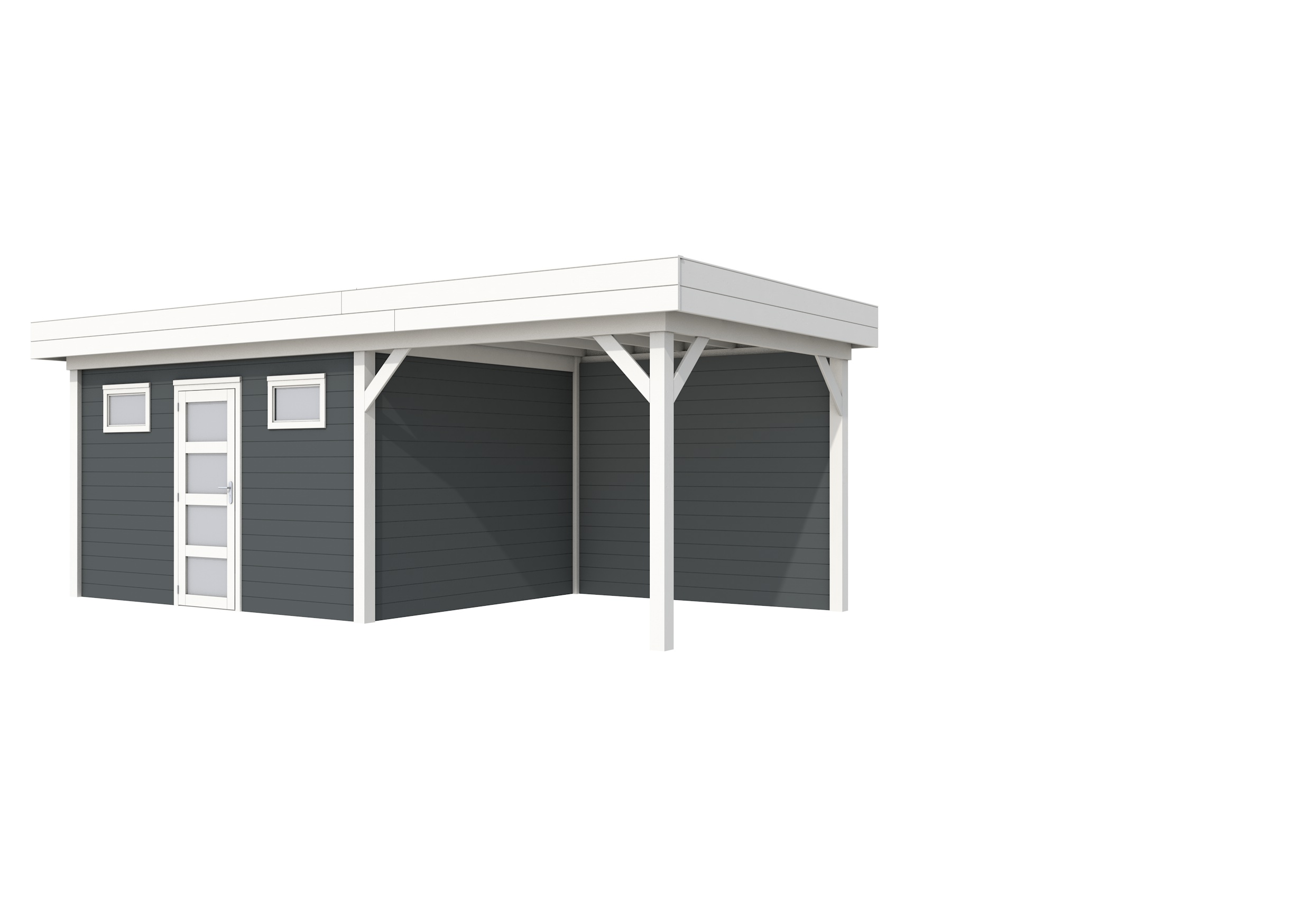 Vuren Topvision Kievit, 400 x 300 en luifel 300 cm, wanden antraciet en basis wit.