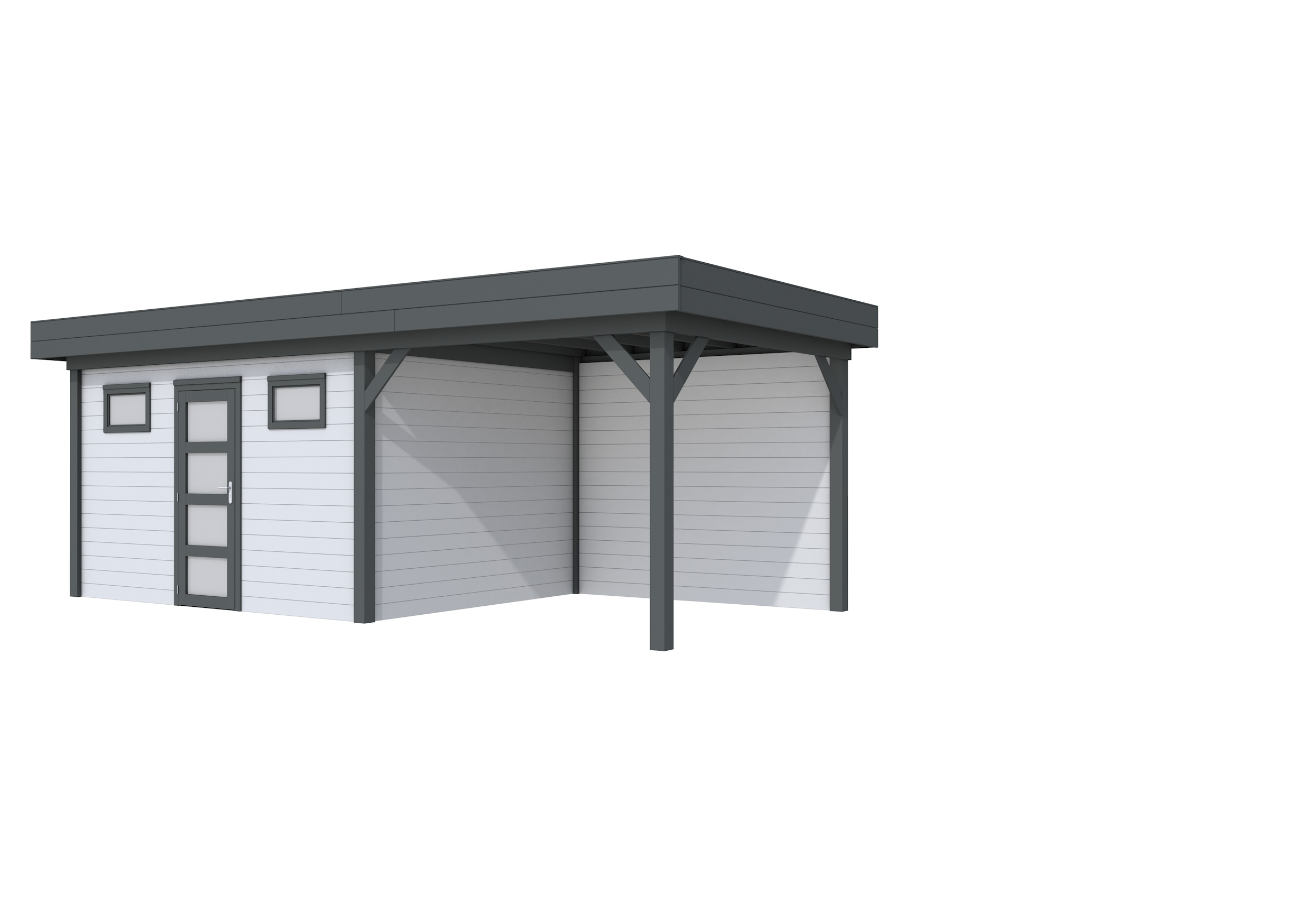 Vuren Topvision Kievit, 400 x 300 en luifel 300 cm, wanden lichtgrijs en basis antraciet.