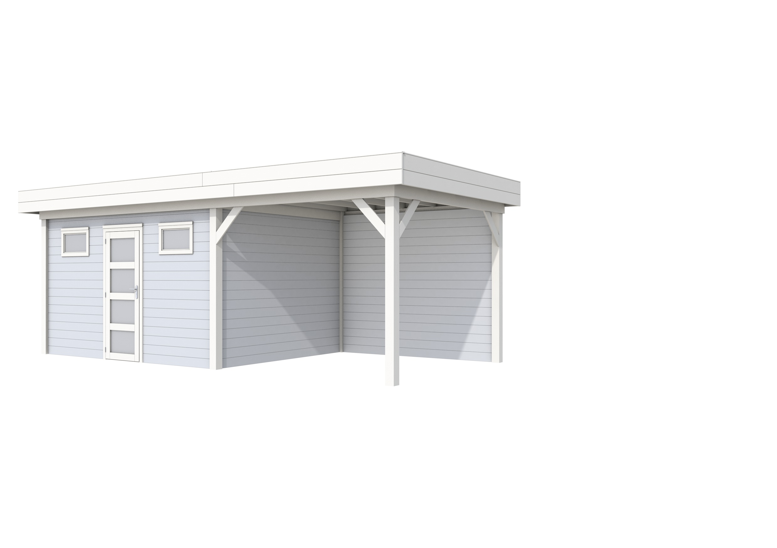 Vuren Topvision Kievit, 400 x 300 en luifel 300 cm, wanden lichtgrijs en basis wit.