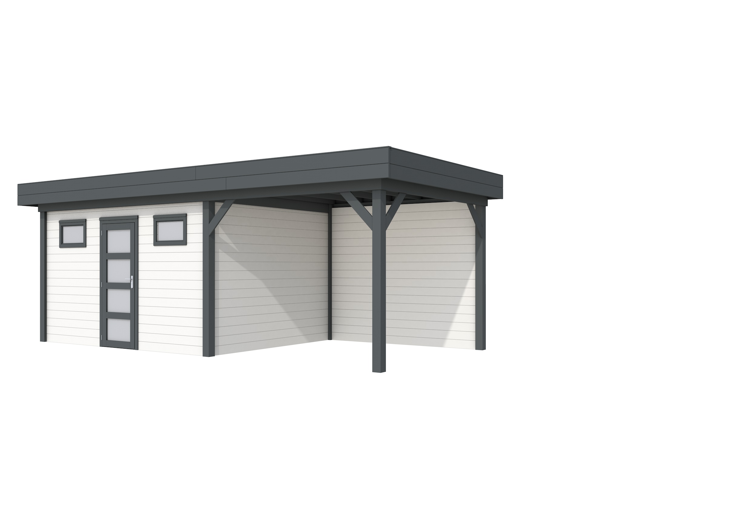 Vuren Topvision Kievit, 400 x 300 en luifel 300 cm, wanden wit en basis antraciet.